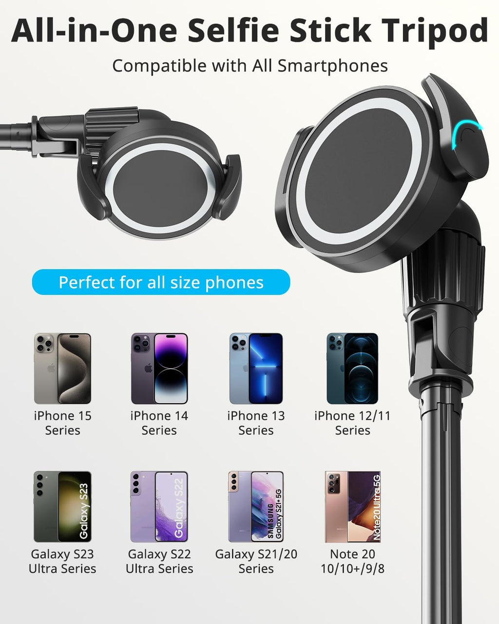 72'' Magnetic Tripod for Iphone with Remote, Extendable Cell Phone Tripod Stand, Compatible with Magsafe, Selfie Stick Tripod for Iphone 15 14 13 12 11 Series and Android Phones