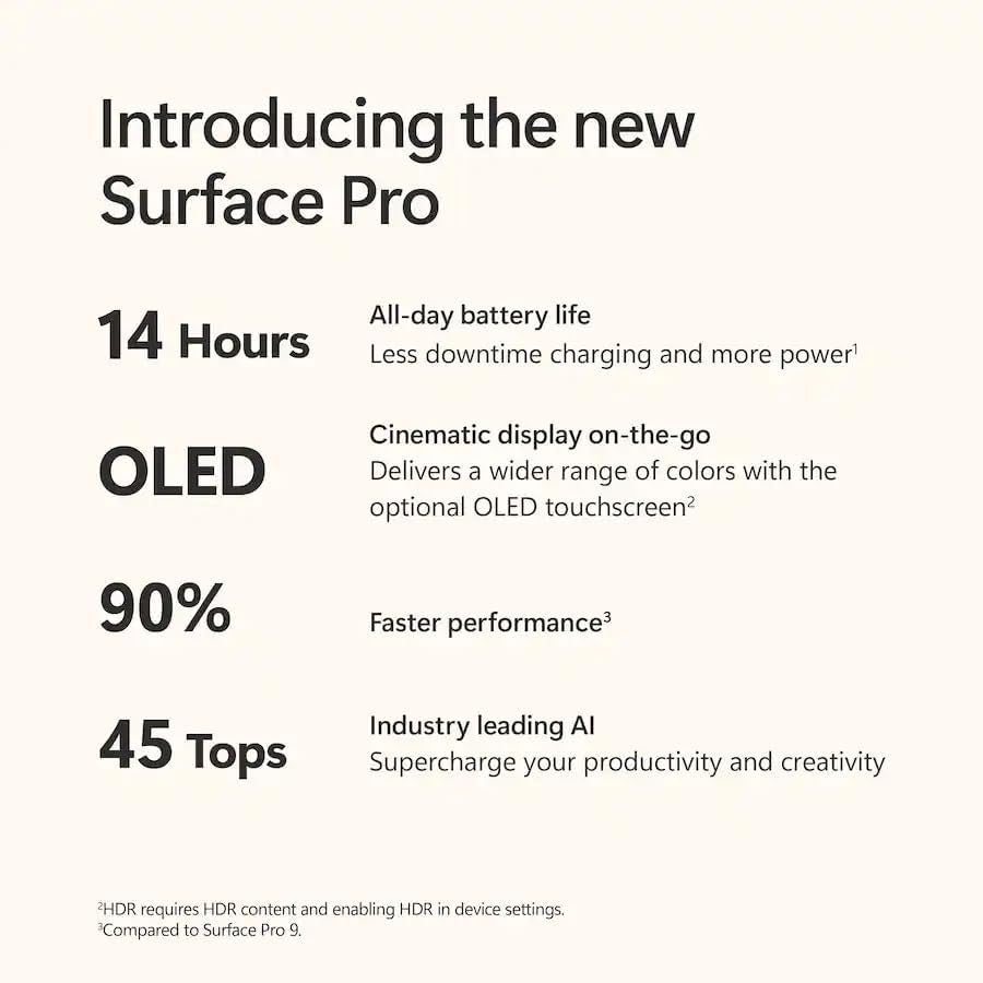 Surface Pro 13" 3K 120Hz OLED Touchscreen 2-In-1 Tablet Laptop, 12-Core Snapdragon 45 Tops NPU, 16GB RAM 2TB SSD, Backlit Keyboard, Stylus, MS 365, 14-Hr Battery, Copilot+, Win 11 Pro