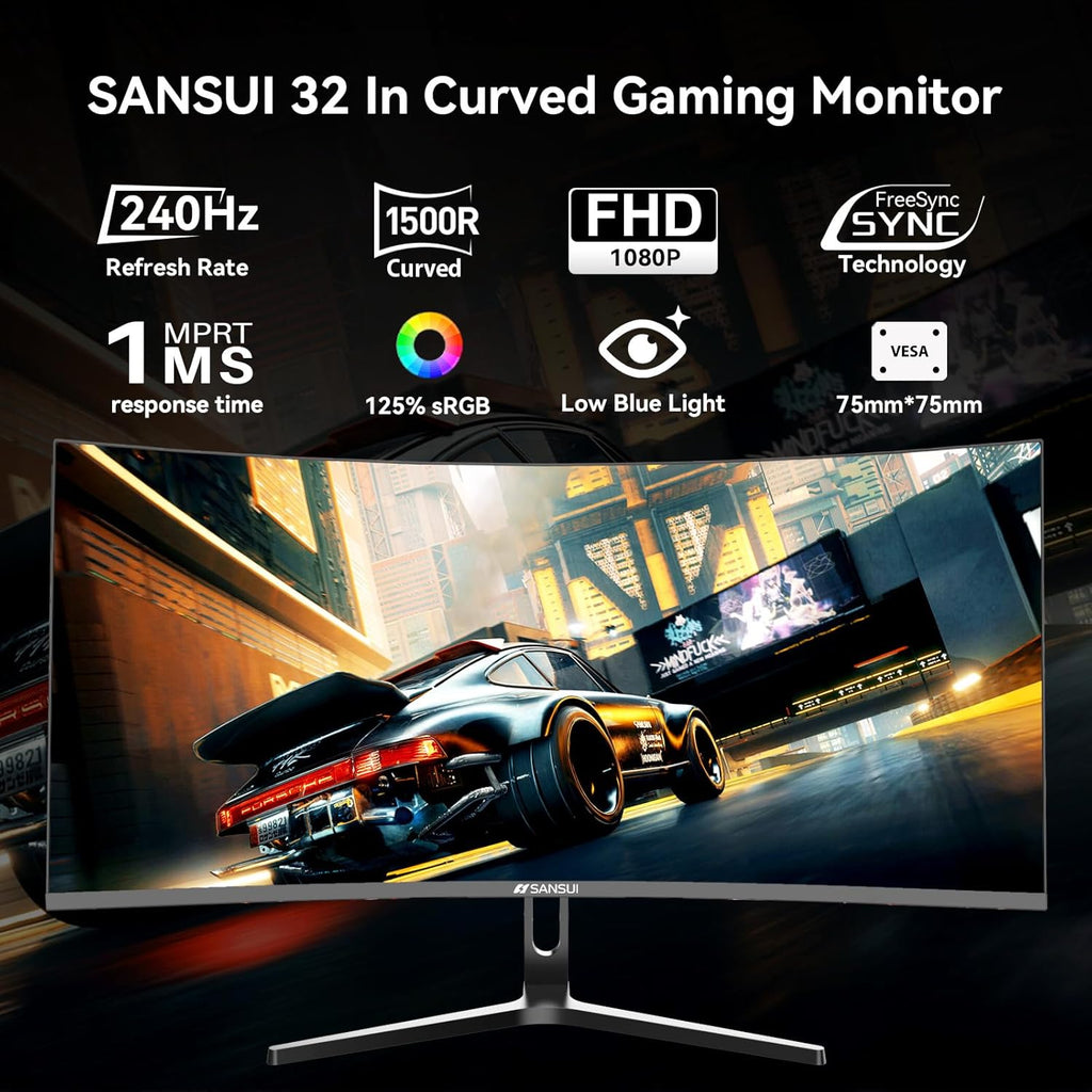 32 Inch Curved 240Hz Gaming Monitor High Refresh Rate, FHD 1080P Gaming PC Monitor HDMI DP1.4, Curved 1500R, 1Ms MPRT, Hdr,Metal Stand,Vesa Compatible(Dp Cable Incl.)