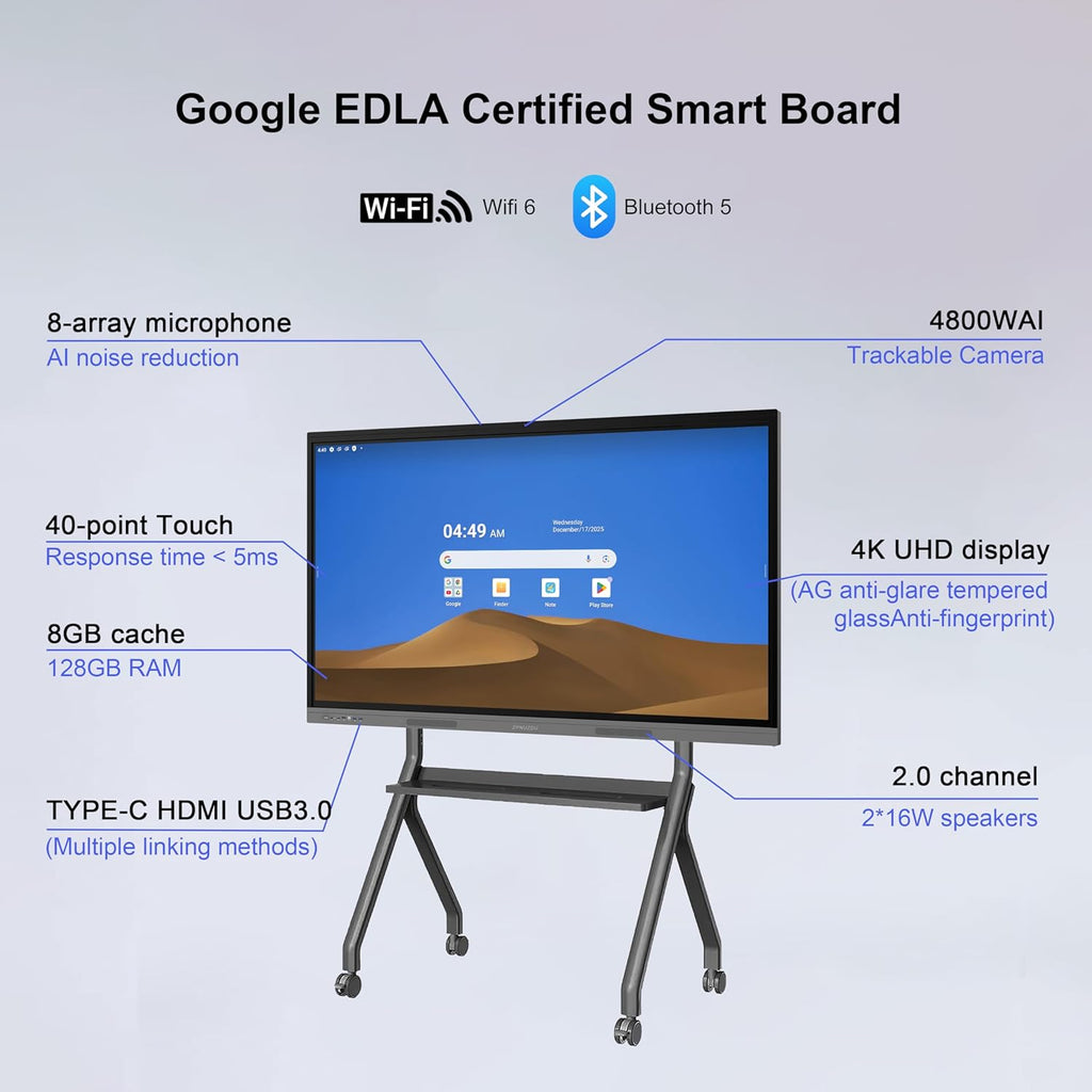65" 4K Smart Board,Google EDLA Certified with 50MP AI Camera,40-Point Touch Digital Whiteboard,Android 14, 8+128Gb,Smartboard for Classroom Office Home（Wall Mount Included） (65 Inch)