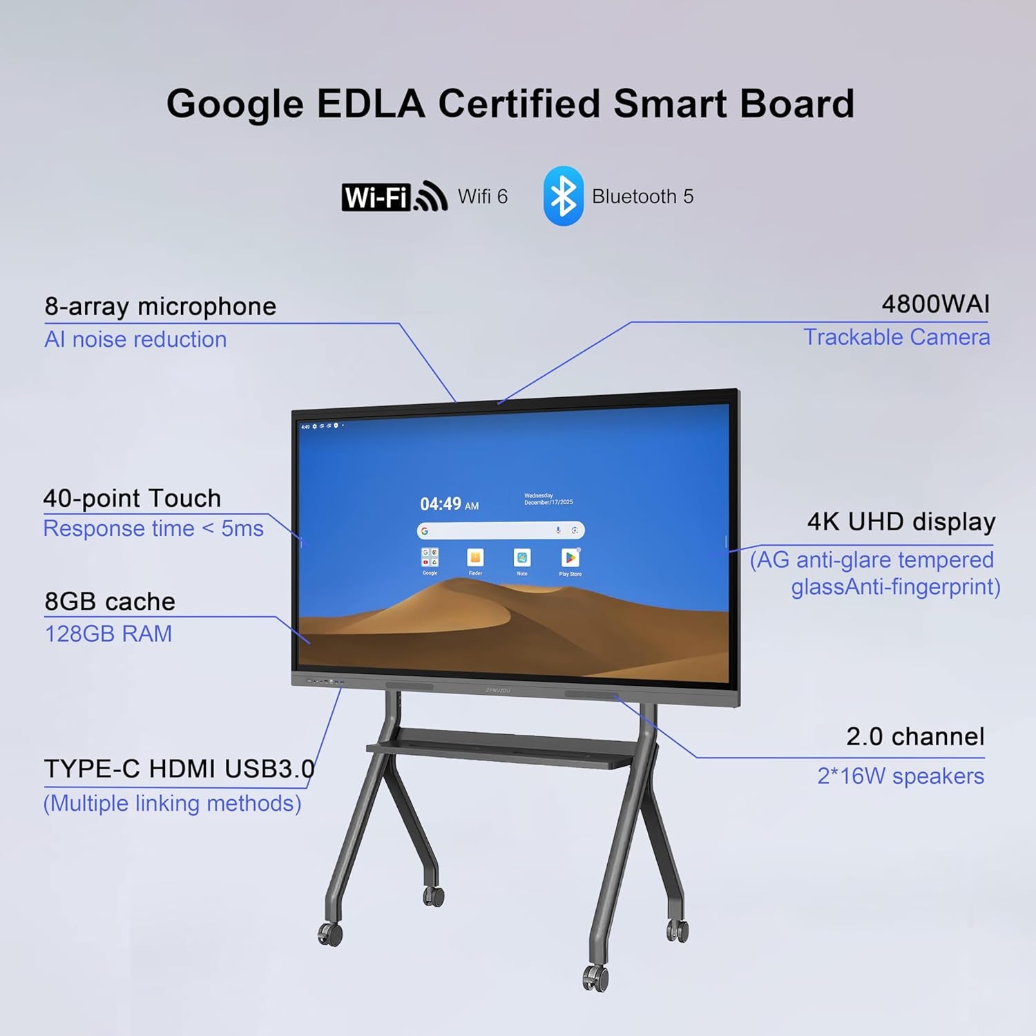 65" 4K Smart Board,Google EDLA Certified with 50MP AI Camera,40-Point Touch Digital Whiteboard,Android 14, 8+128Gb,Smartboard for Classroom Office Home（Wall Mount Included） (65 Inch)