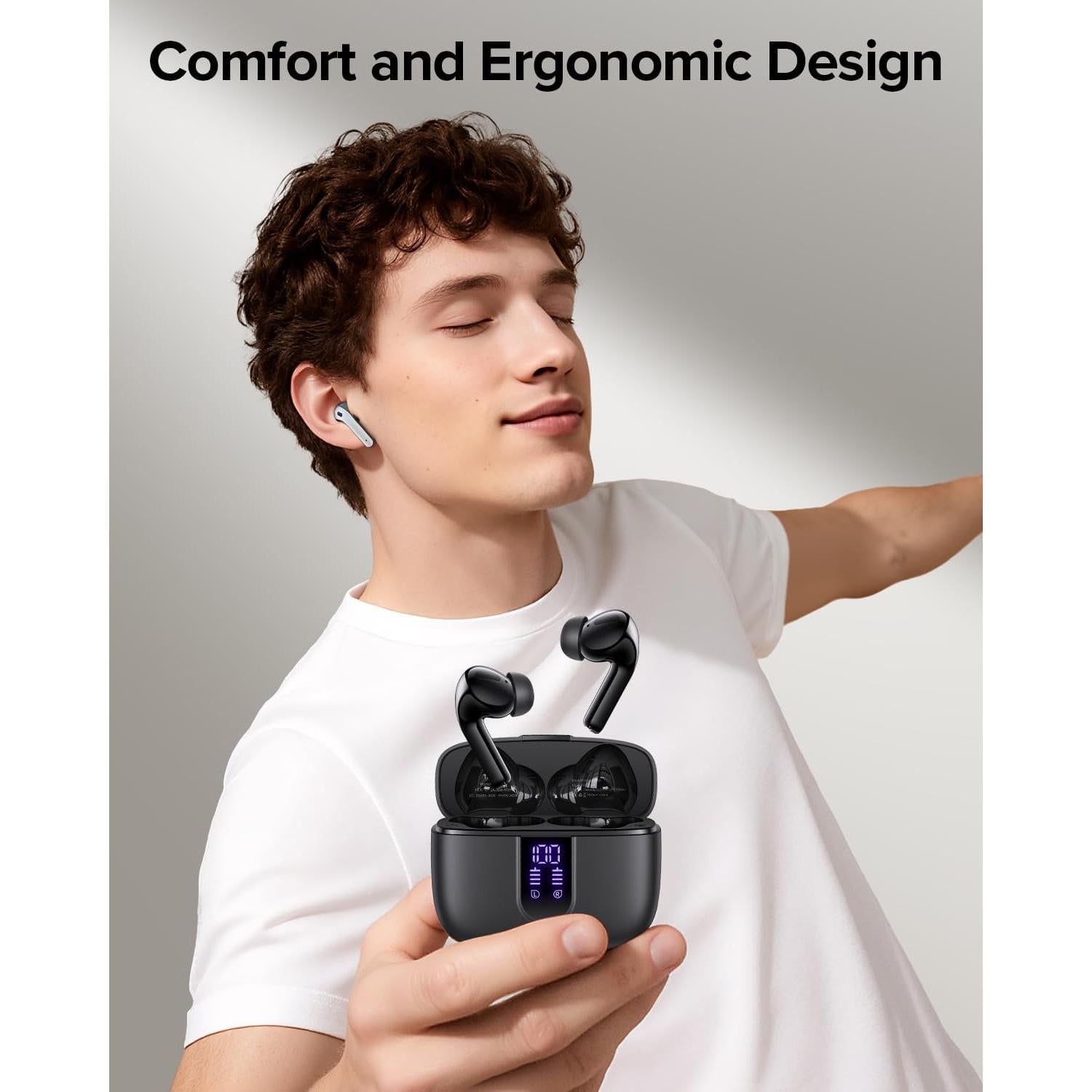 Bluetooth Headphones True Wireless Earbuds 60H Playback LED Power Display Earphones with Wireless Charging Case IPX5 Waterproof In-Ear Ear Buds with Mic for TV Smart Phone Laptop Computer Sports