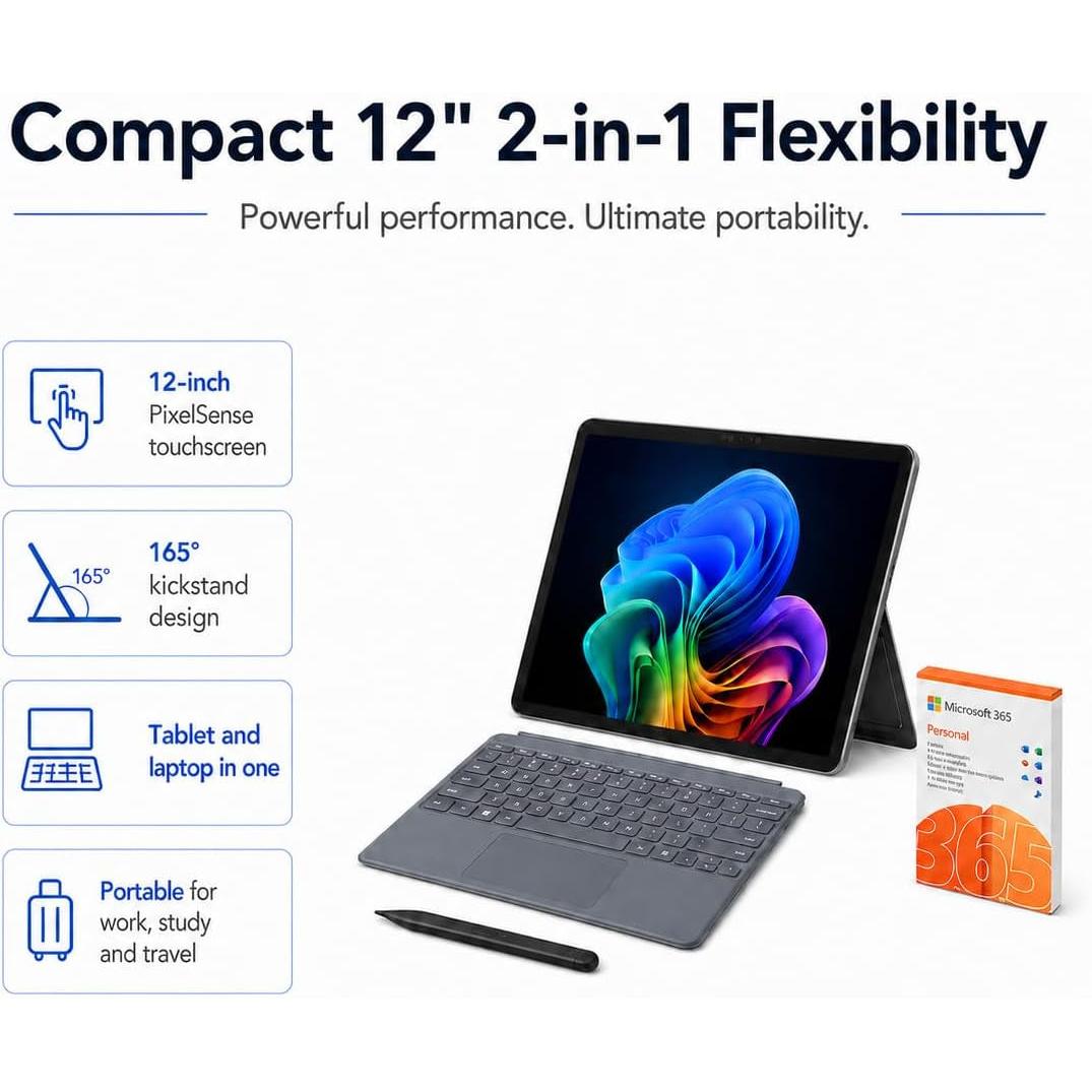 Surface Pro 12" Copilot+ AI PC, Snapdragon X Plus, Ai-Ready NPU, 16GB RAM, 256GB Storage, Webcam, 2-In-1 Tablet Laptop with Keyboard, Stylus & MS 365, Windows 11, Platinum
