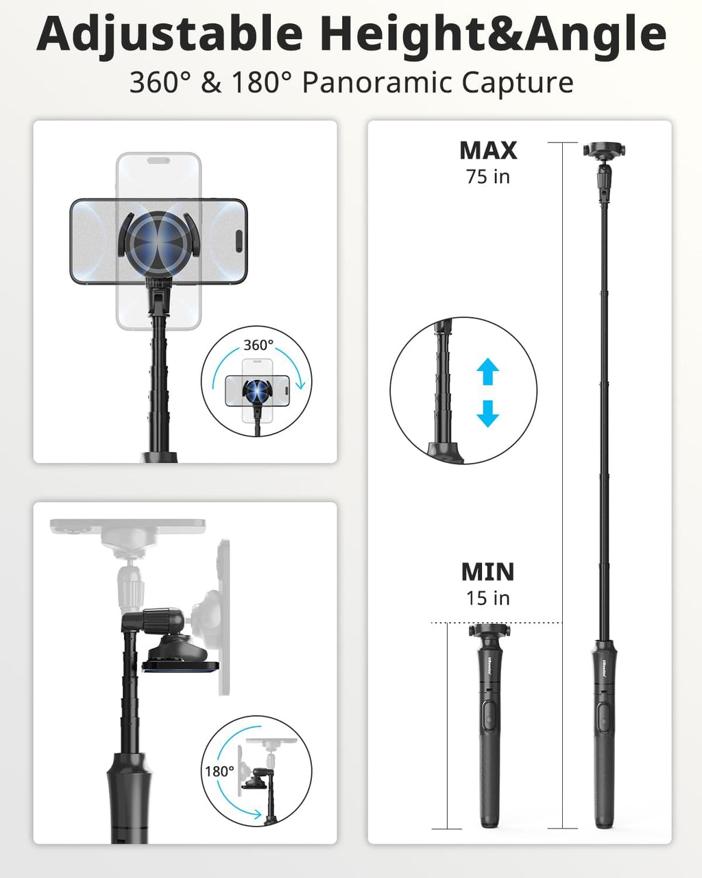 72'' Magnetic Tripod for Iphone with Remote, Extendable Cell Phone Tripod Stand, Compatible with Magsafe, Selfie Stick Tripod for Iphone 15 14 13 12 11 Series and Android Phones