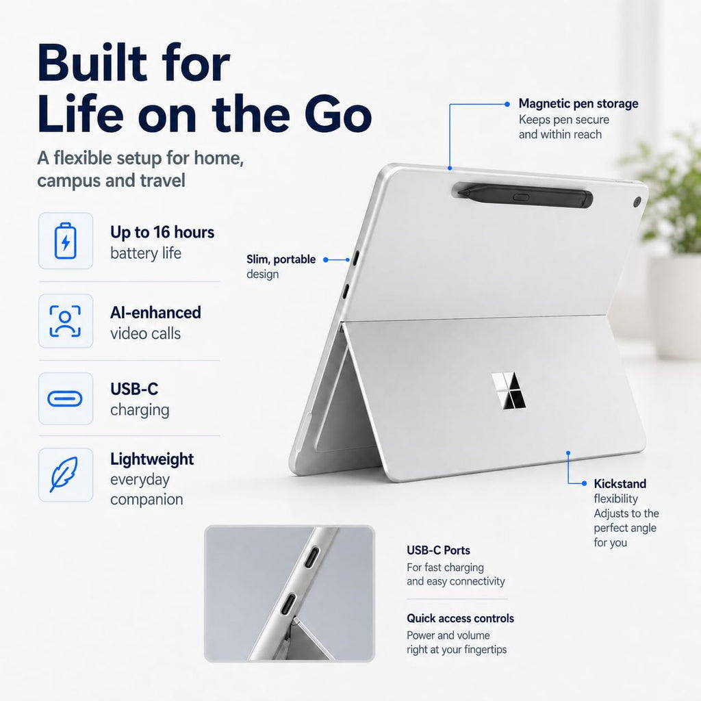 Surface Pro 12" Copilot+ AI PC, Snapdragon X Plus, Ai-Ready NPU, 16GB RAM, 256GB Storage, Webcam, 2-In-1 Tablet Laptop with Keyboard, Stylus & MS 365, Windows 11, Platinum