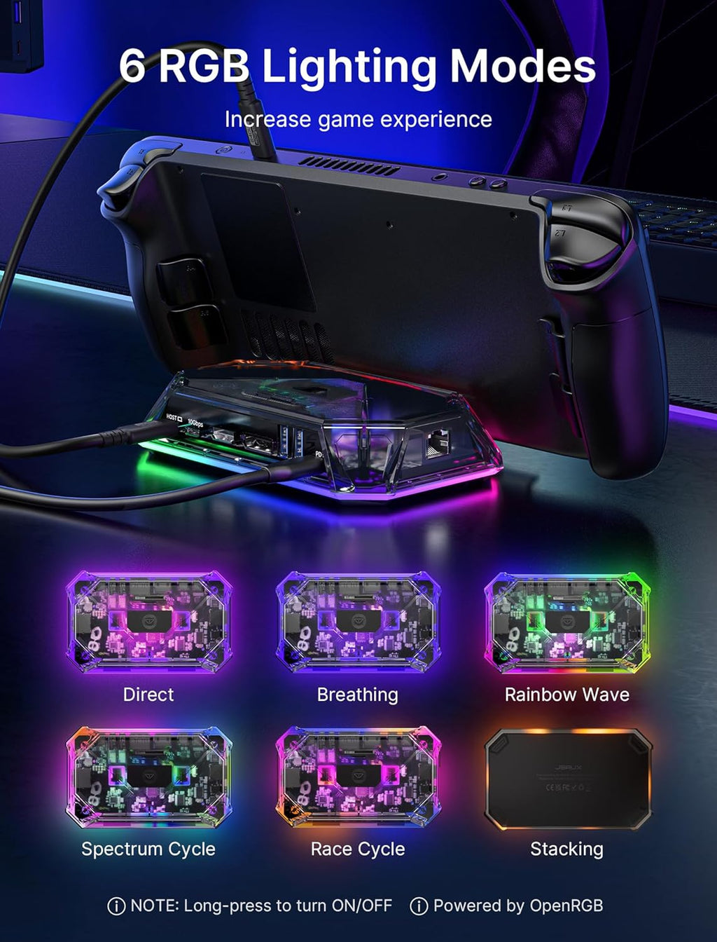 RGB Docking Station for Steam Deck (OLED)/ROG Ally/Legion Go, 12-In-1 Handheld Dock with 4K@120Hz HDMI & Displayport Gigabit Ethernet USB C 3.2 USB a 3.2/2.0, SD/TF Slots 3.5Mm Jack-Hb1201S