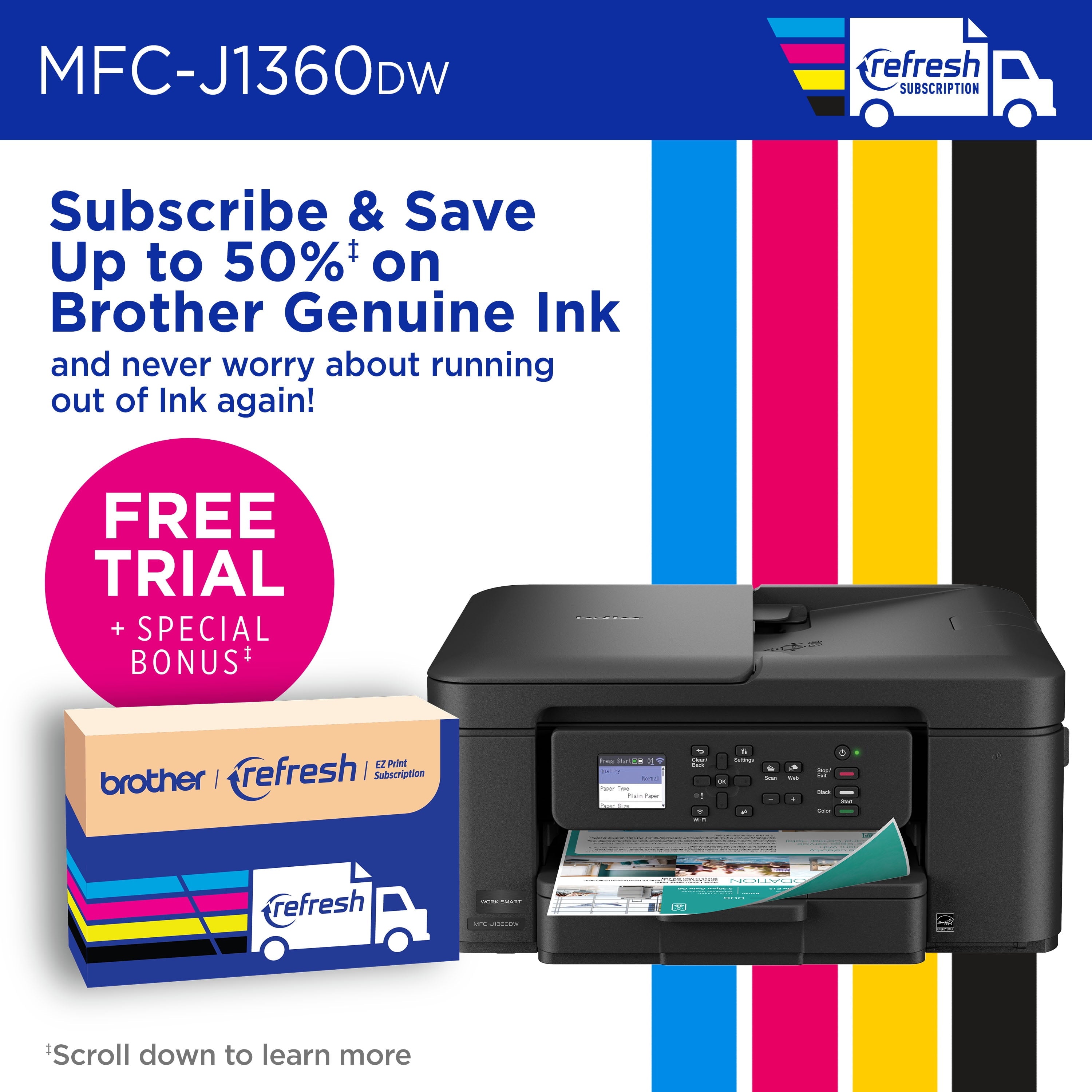 MFC-J1360DW Work Smart Wireless All-In-One Color Printer – Prints on Both Sides, Copies and Scans Multiple Pages, Easy-To-Use Color Display