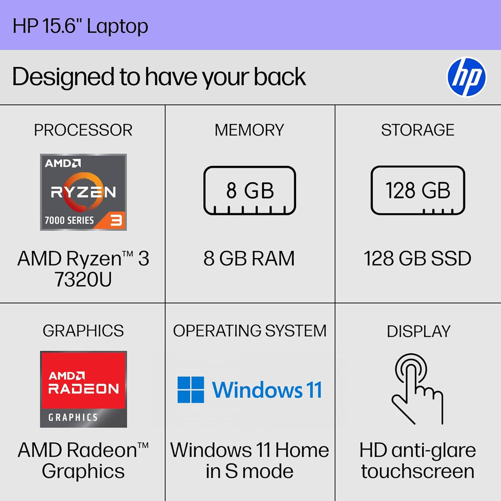 15.6 Inch Laptop, HD Touchscreen Display, AMD Ryzen 3 7320U, 8 GB RAM, 128 GB SSD, AMD Radeon Graphics, Windows 11 Home in S Mode, Natural Silver, 15- Fc0099Nr
