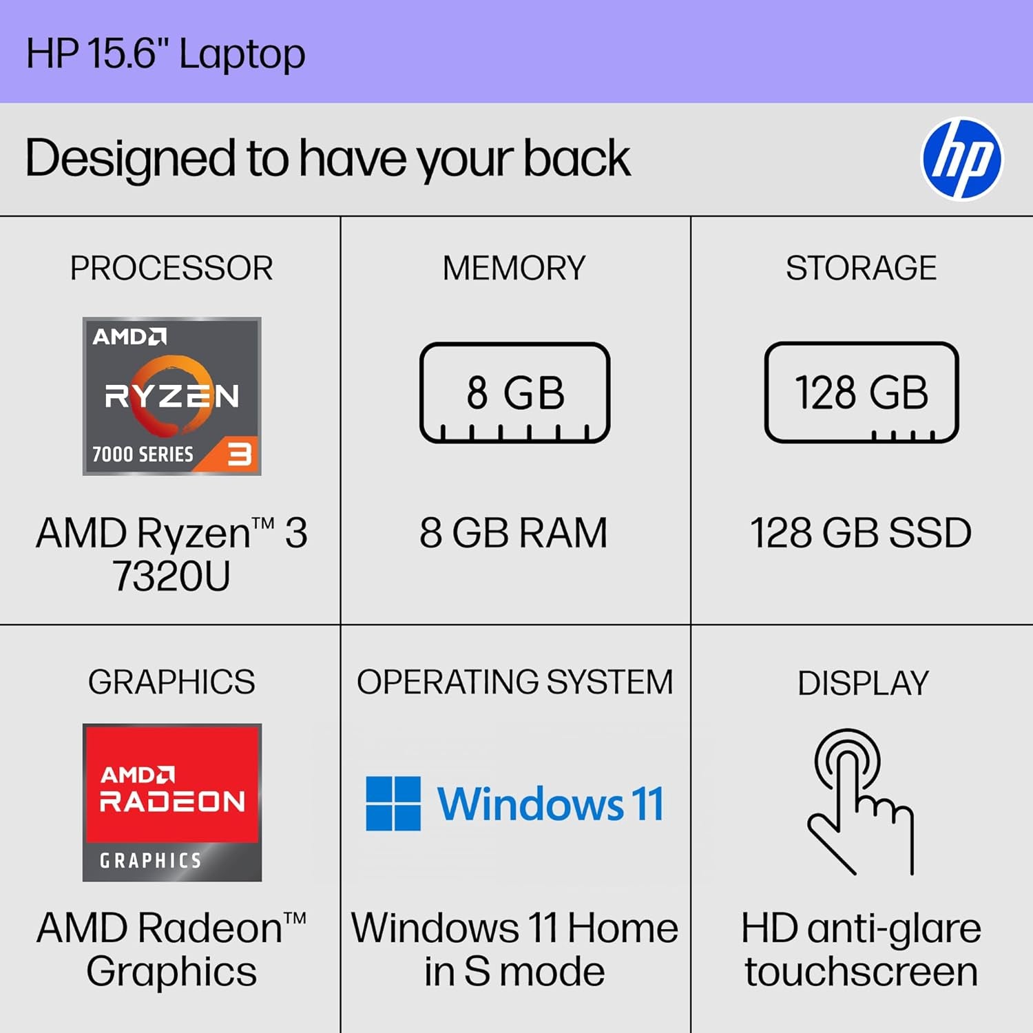 15.6 Inch Laptop, HD Touchscreen Display, AMD Ryzen 3 7320U, 8 GB RAM, 128 GB SSD, AMD Radeon Graphics, Windows 11 Home in S Mode, Natural Silver, 15- Fc0099Nr