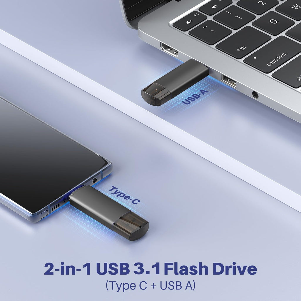 128GB USB C Flash Drive Dual USB 3.1 Flash Drive Type C + USB a Portable Type-C Flash Drive 2-In-1 USB-C Thumb Drive for Smartphone Tablet Computer Mac Iphone 15 Black