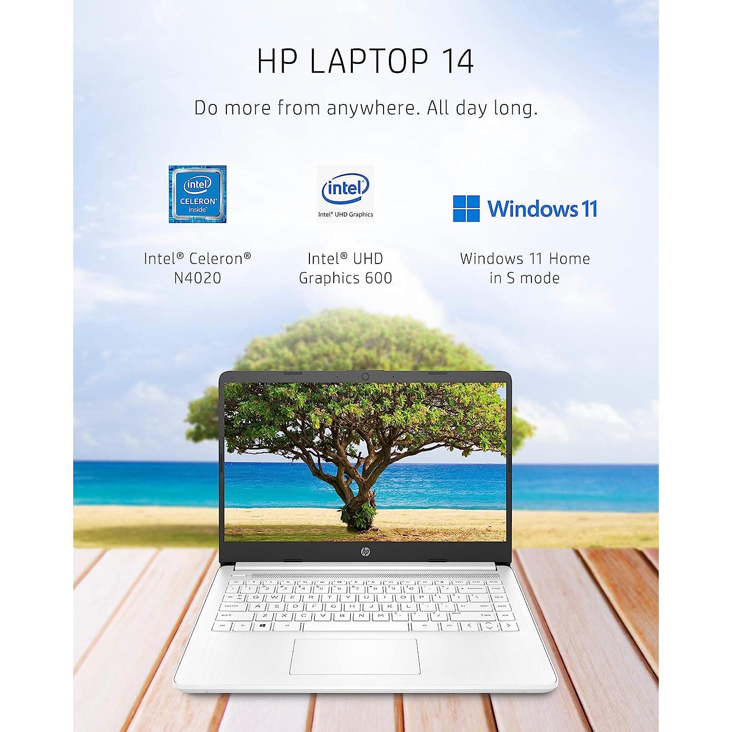 14 Laptop, Intel Celeron N4020, 4 GB RAM, 64 GB Storage, 14-Inch Micro-Edge HD Display, Windows 11 Home, Thin & Portable, 4K Graphics, One Year of Microsoft 365 (14-Dq0040Nr, Snowflake White)