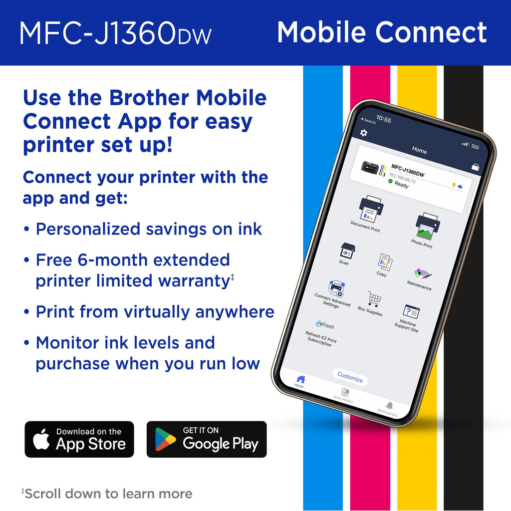 MFC-J1360DW Work Smart Wireless All-In-One Color Printer – Prints on Both Sides, Copies and Scans Multiple Pages, Easy-To-Use Color Display
