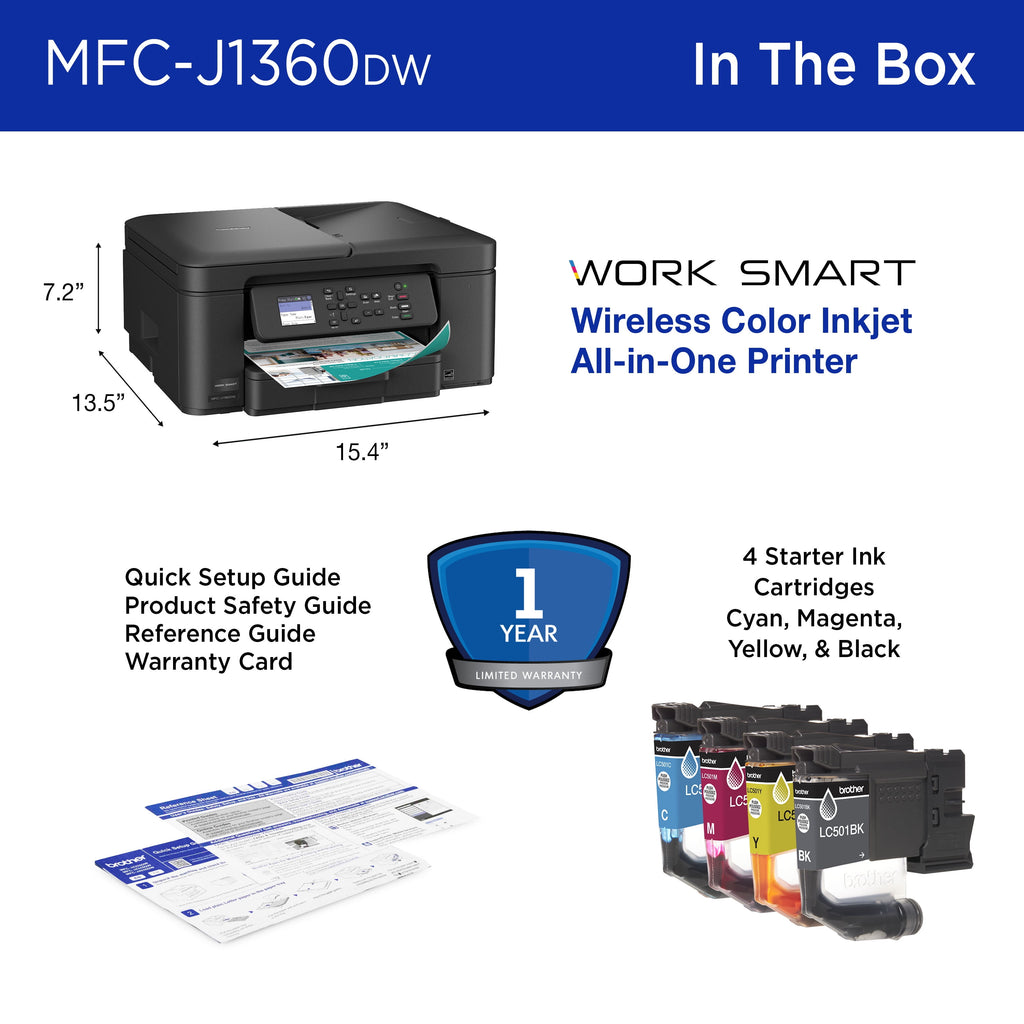 MFC-J1360DW Work Smart Wireless All-In-One Color Printer – Prints on Both Sides, Copies and Scans Multiple Pages, Easy-To-Use Color Display