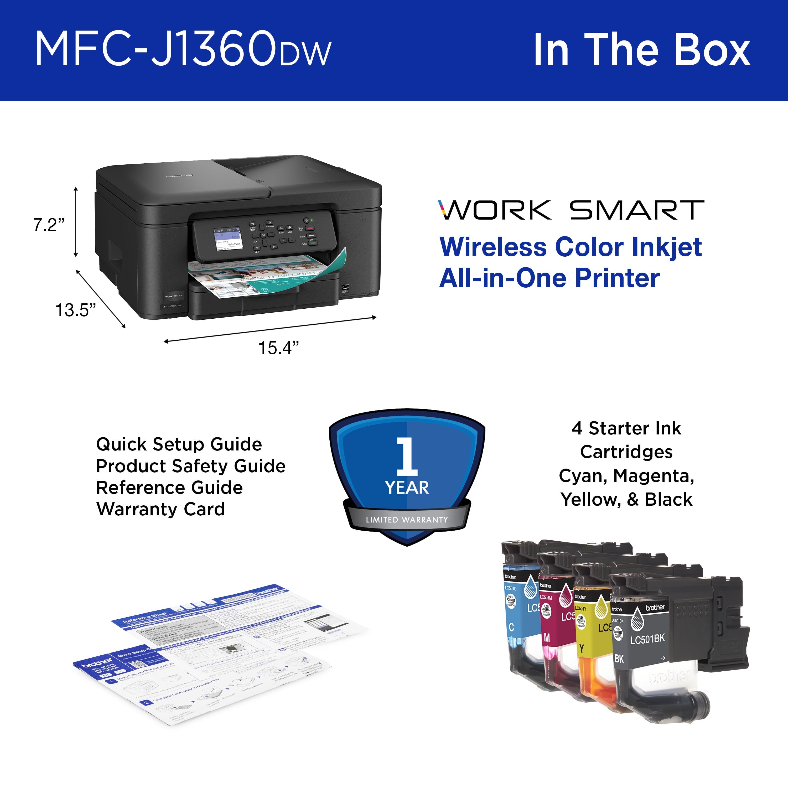 MFC-J1360DW Work Smart Wireless All-In-One Color Printer – Prints on Both Sides, Copies and Scans Multiple Pages, Easy-To-Use Color Display