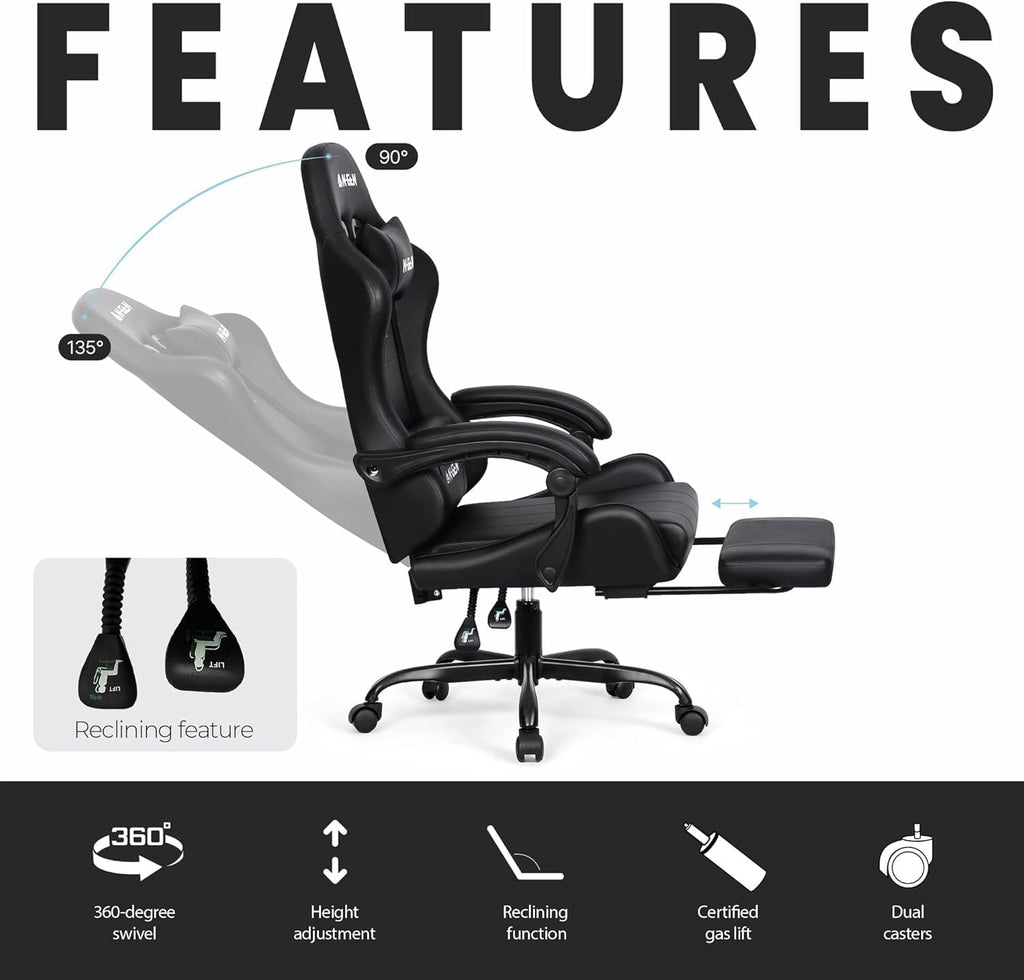Video Gaming Chair with Footrest Lumbar Support for Home Office High Back Recliner Height Adjustable Ergonomic Comfy Leather Computer Desk Chair (Carbon Black)