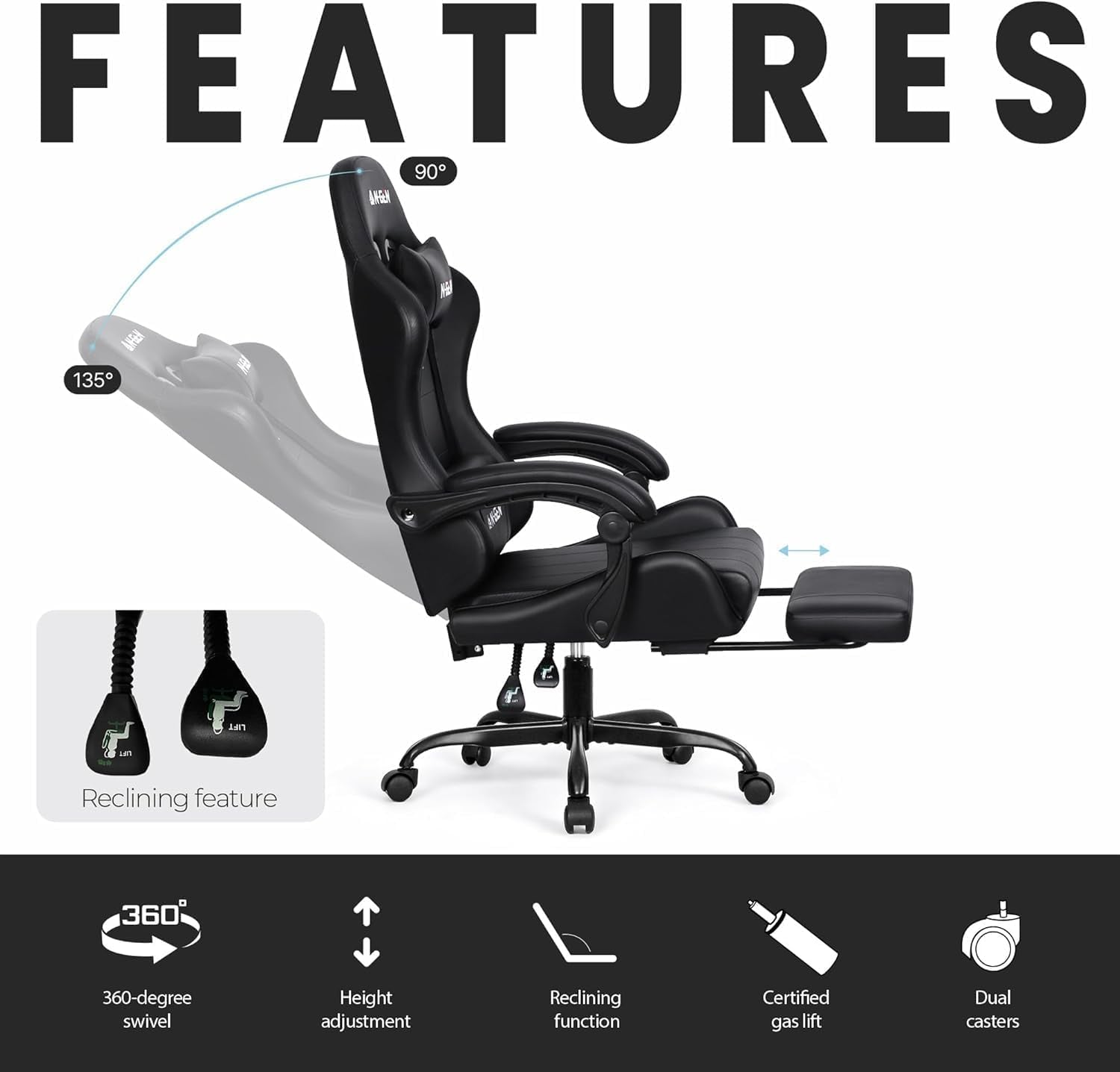 Video Gaming Chair with Footrest Lumbar Support for Home Office High Back Recliner Height Adjustable Ergonomic Comfy Leather Computer Desk Chair (Carbon Black)
