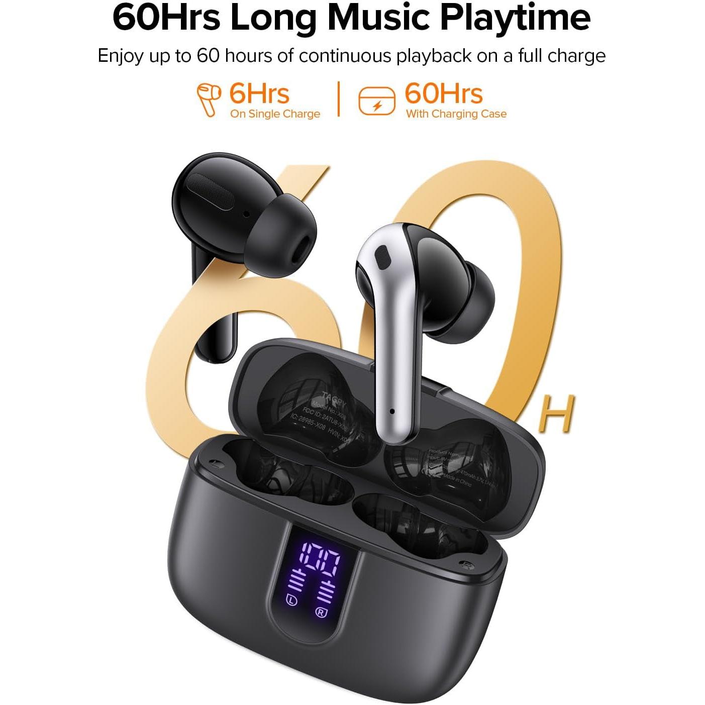 Bluetooth Headphones True Wireless Earbuds 60H Playback LED Power Display Earphones with Wireless Charging Case IPX5 Waterproof In-Ear Ear Buds with Mic for TV Smart Phone Laptop Computer Sports