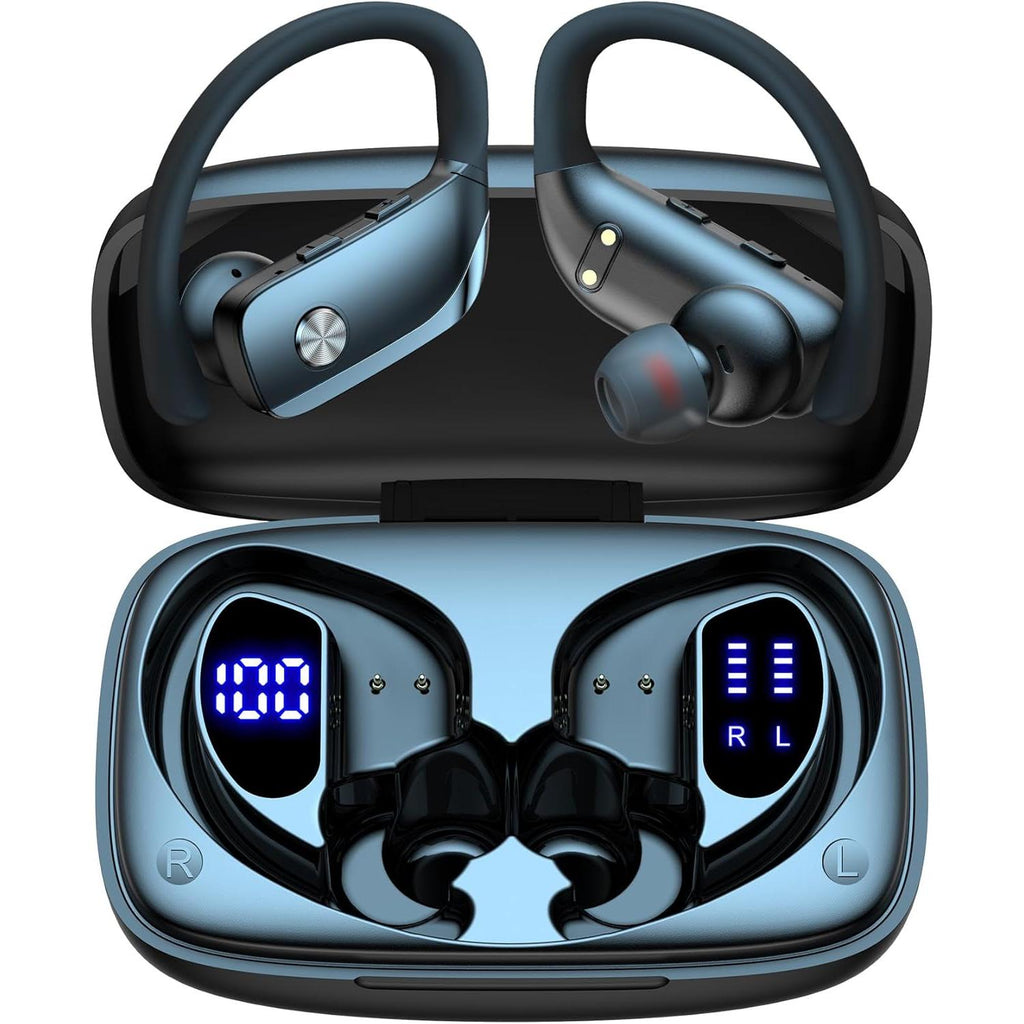 Ear Buds Wireless Earbuds Bluetooth Headphones with 80H Playtime LED Display Case, Over-Ear Hook with Mic, Stereo Sound, Easy Button Controls, Sports Earphones for Running Workout Gym Black