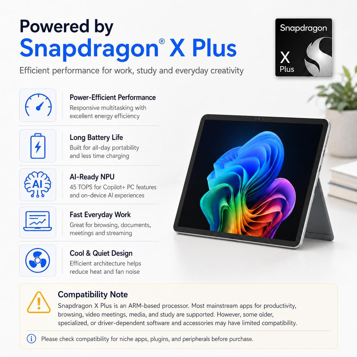 Surface Pro 12" Copilot+ AI PC, Snapdragon X Plus, Ai-Ready NPU, 16GB RAM, 256GB Storage, Webcam, 2-In-1 Tablet Laptop with Keyboard, Stylus & MS 365, Windows 11, Platinum