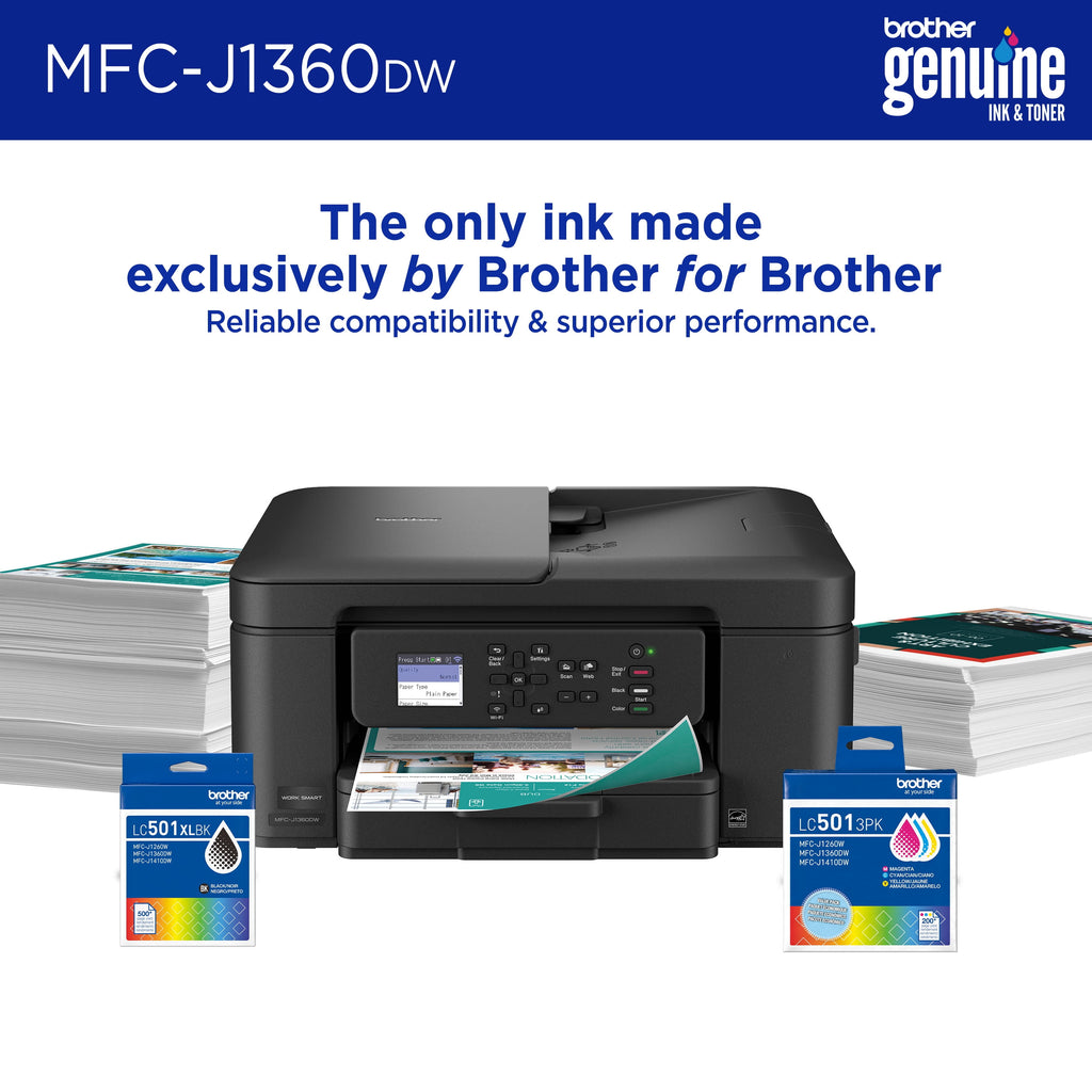 MFC-J1360DW Work Smart Wireless All-In-One Color Printer – Prints on Both Sides, Copies and Scans Multiple Pages, Easy-To-Use Color Display
