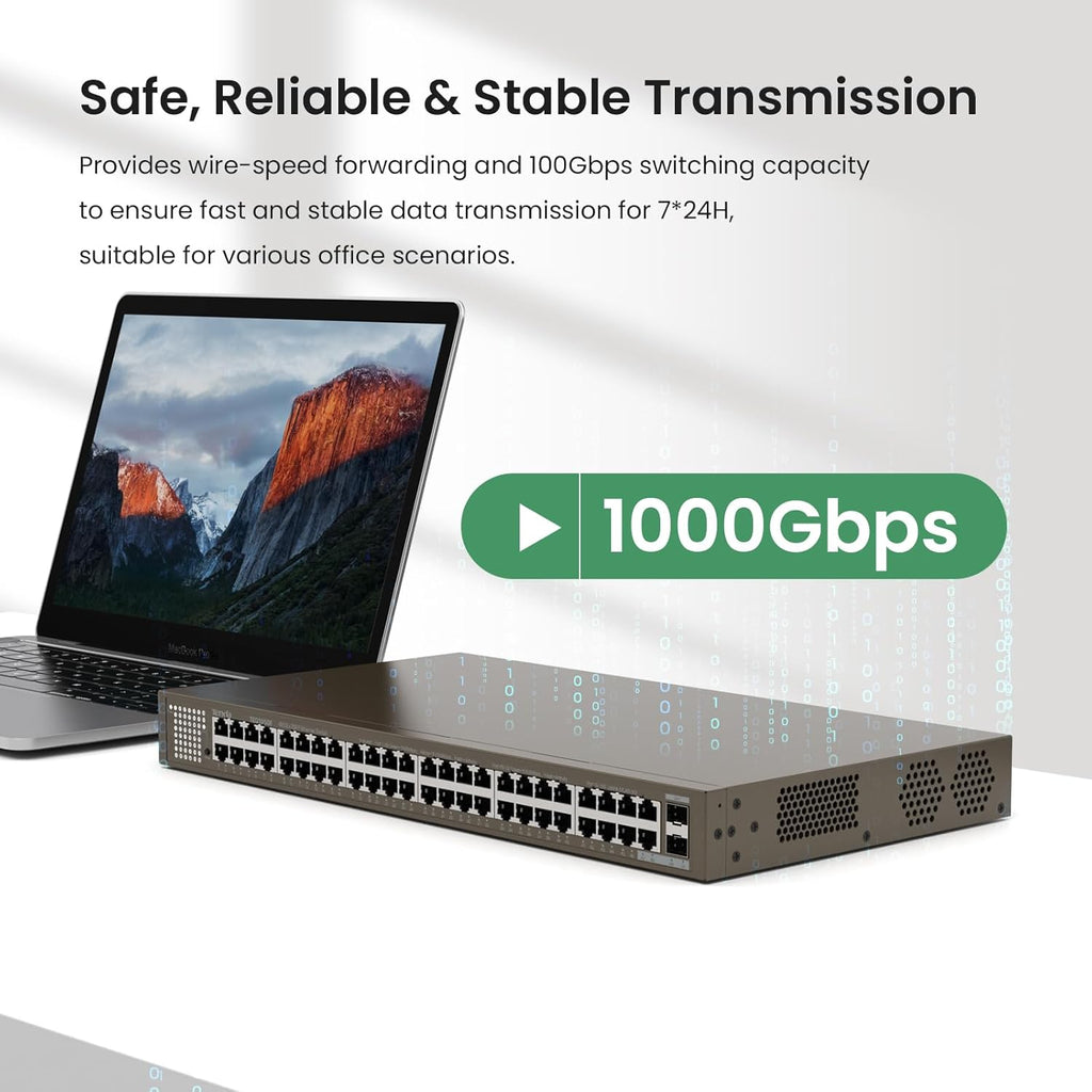 48 Port Gigabit Ethernet Switch | Unmanaged Rackmount Switch | 48*10/100/1000Mbps Shielded Ports & 2*SFP Slots | Plug & Play | One-Key VLAN | Sturdy Metal | Fanless Quiet for Business (TEG1050F)