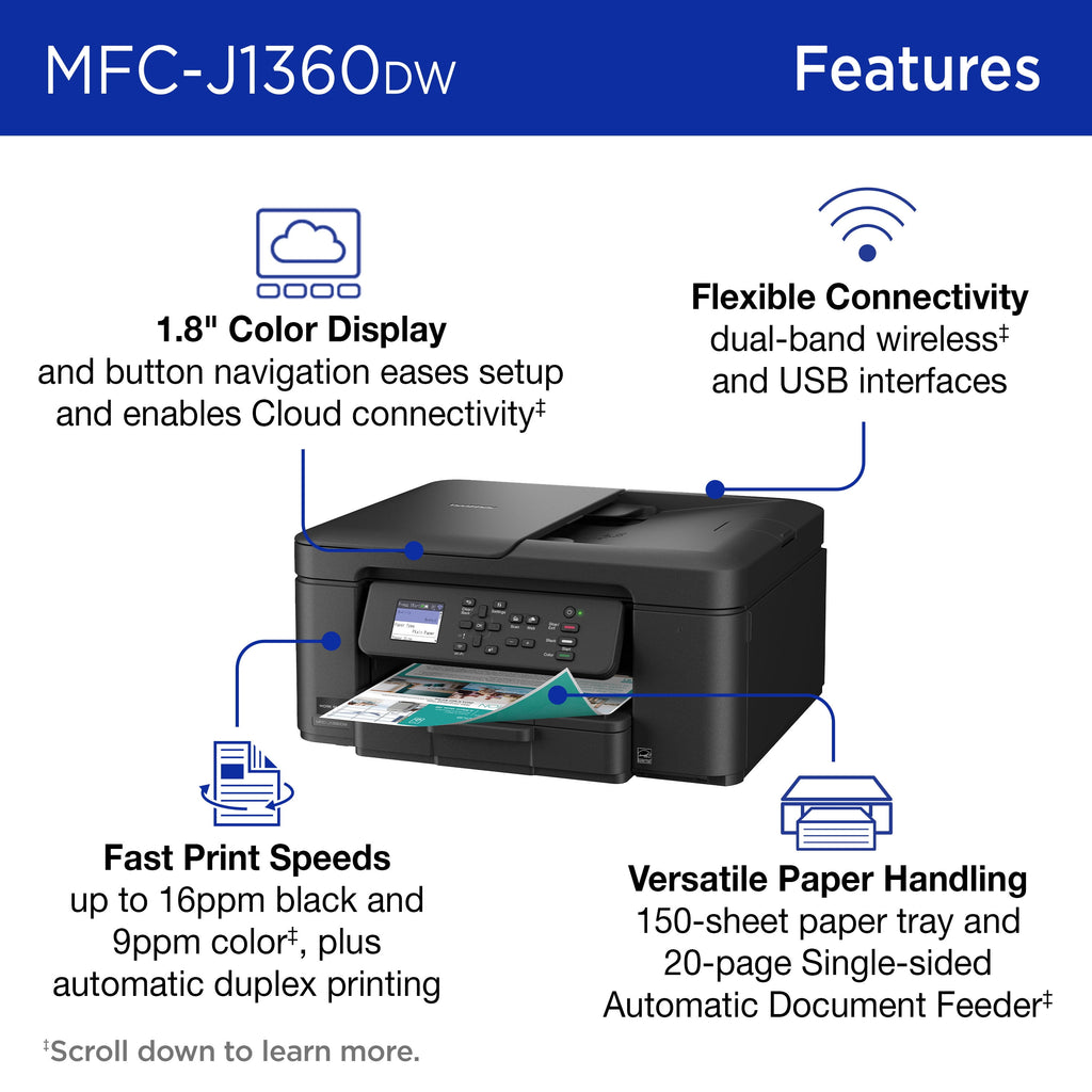 MFC-J1360DW Work Smart Wireless All-In-One Color Printer – Prints on Both Sides, Copies and Scans Multiple Pages, Easy-To-Use Color Display