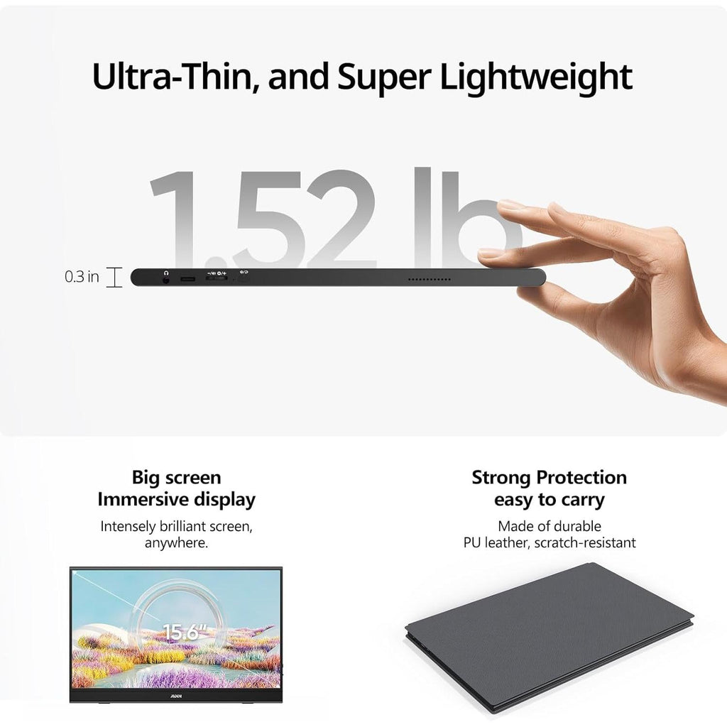 Portable Monitor 15.6Inch FHD 1080P USB C HDMI Gaming Ultra-Slim IPS Display W/Smart Cover & Speakers,Hdr Plug&Play, External Monitor for Laptop PC Phone Mac (15.6'' 1080P)