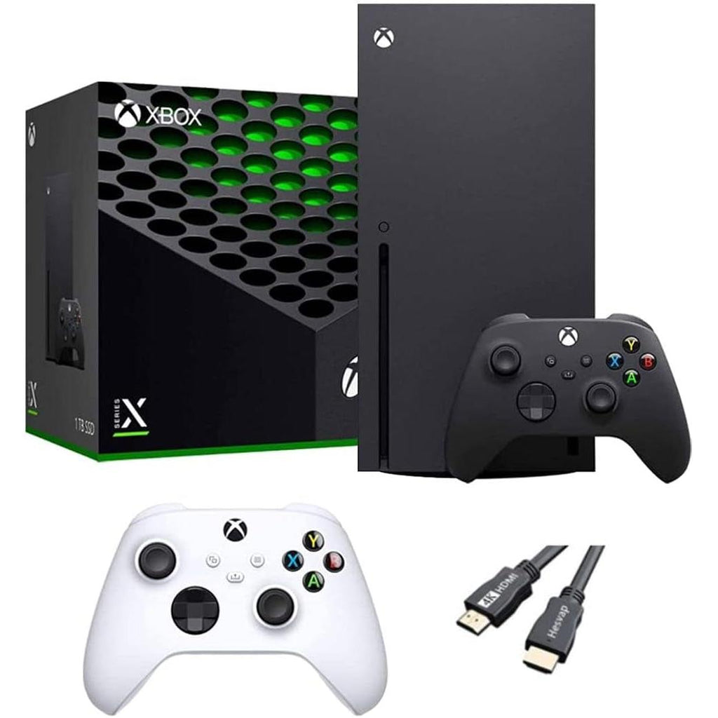 X-Box Series X Gaming Console Bundle - 1TB SSD Black X-Box Console with Two Wireless Controllers -Black and White -And Ahaghug Authorized HDMI Cable
