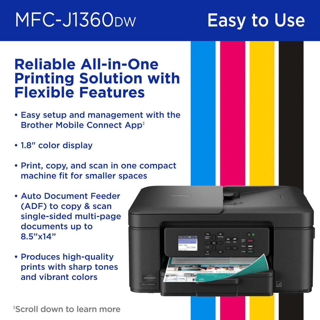 MFC-J1360DW Work Smart Wireless All-In-One Color Printer – Prints on Both Sides, Copies and Scans Multiple Pages, Easy-To-Use Color Display