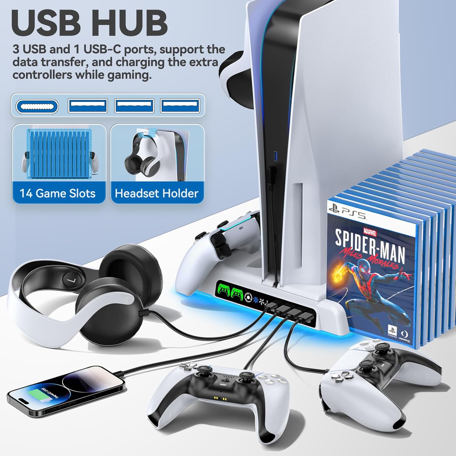 Ultimate PS5 Stand and Cooling Station with LED Controller Charger – All-in-One Accessory Kit for PlayStation 5 Slim, Pro, and Digital Edition