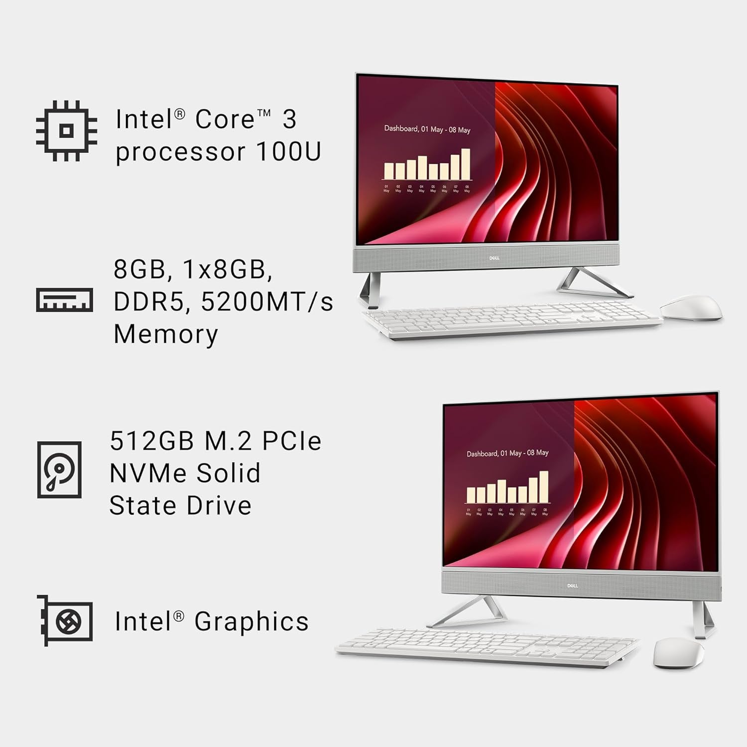 24 All-In-One Desktop Ec24250-23.8-Inch FHD Display, Intel Core 3 Processor 100U, Intel Graphics, 8GB DDR5 RAM, 512GB SSD, Windows 11 Home, Onsite Service+6 Months Retail Migrate - White