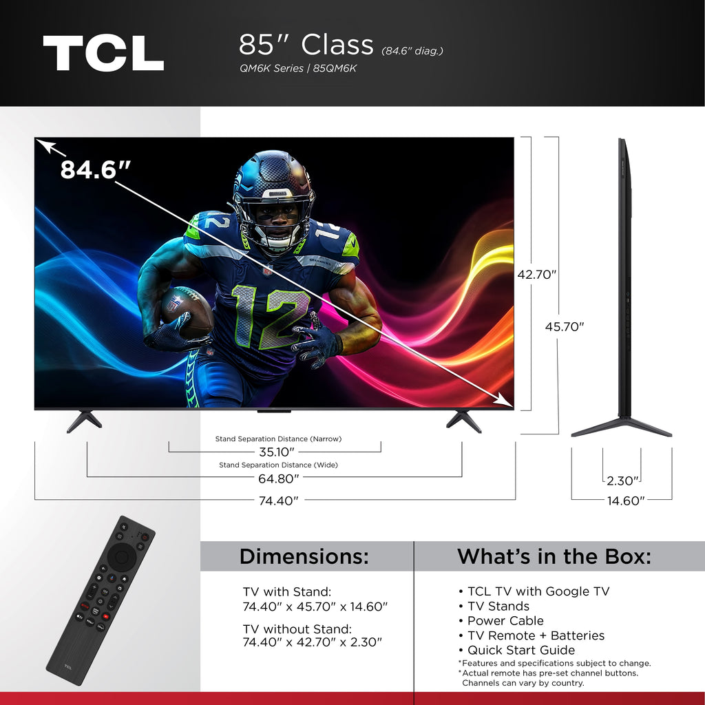 Experience the Ultimate 85" QLED 4K UHD Smart TV - TCL QM6K Series with Dolby Atmos, Game Accelerator, and Google TV for Unmatched Entertainment