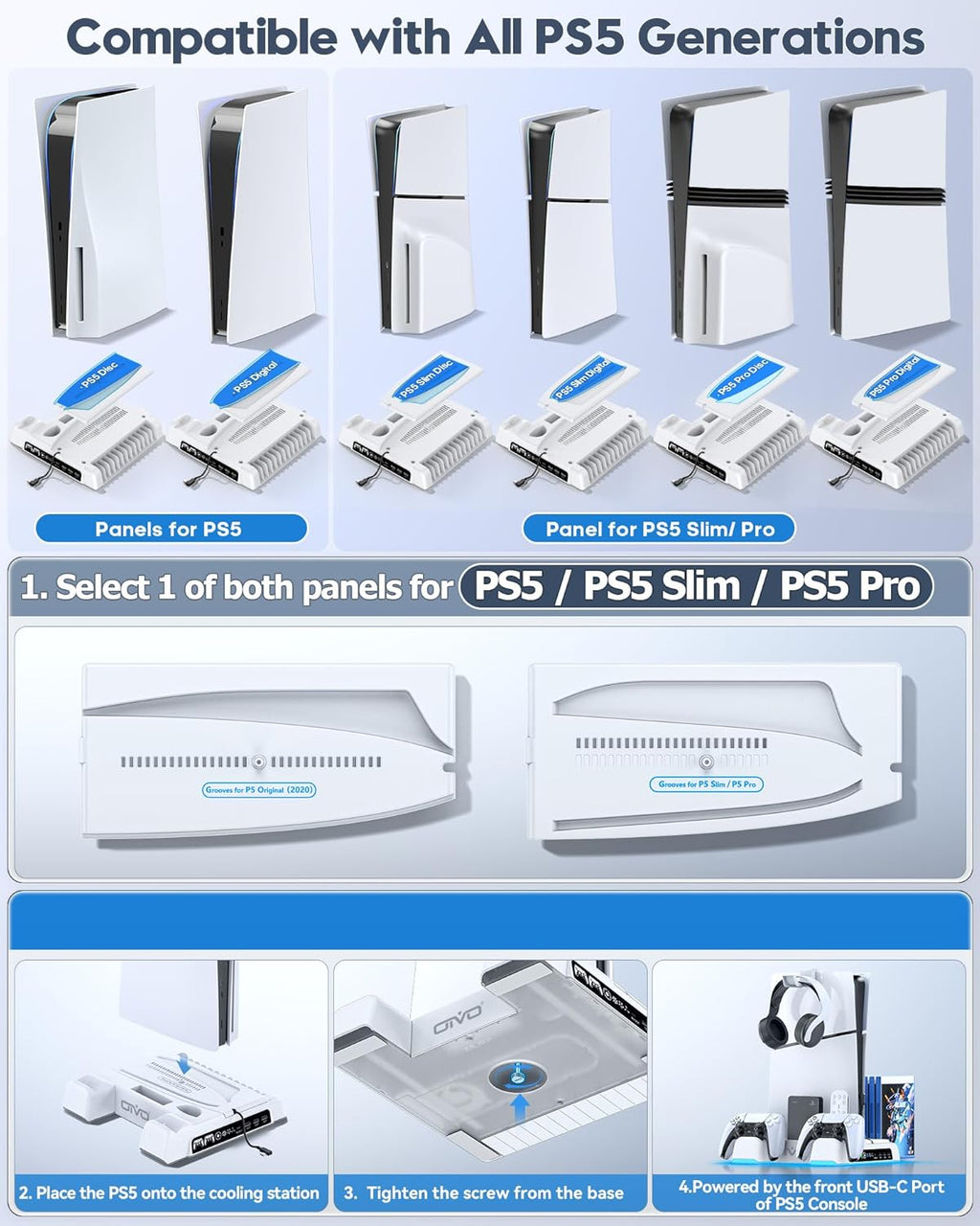 Ultimate PS5 Stand and Cooling Station with LED Controller Charger – All-in-One Accessory Kit for PlayStation 5 Slim, Pro, and Digital Edition