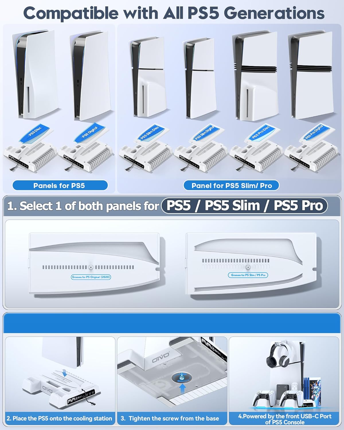 Ultimate PS5 Stand and Cooling Station with LED Controller Charger – All-in-One Accessory Kit for PlayStation 5 Slim, Pro, and Digital Edition