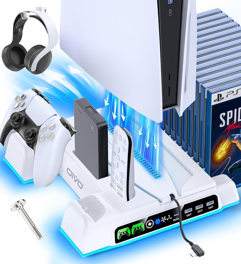 Ultimate PS5 Stand and Cooling Station with LED Controller Charger – All-in-One Accessory Kit for PlayStation 5 Slim, Pro, and Digital Edition