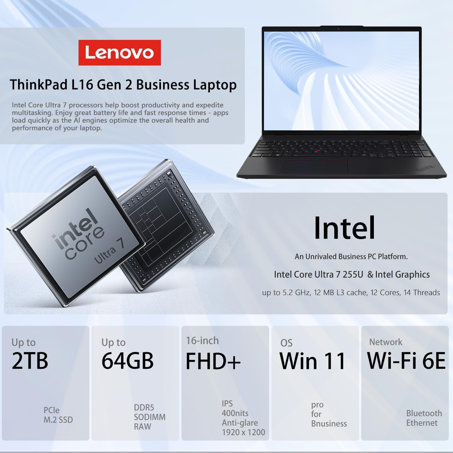 Thinkpad L16 Gen 2 Business AI Laptop, 16" FHD+, Intel Core Ultra 7 255U, 64GB DDR5, 1TB SSD, HDMI, Fingerprint, Backlit, Wi-Fi 6E, Long Battery Life, Windows 11 Pro, 7-In-1 USB-C Hub Bundle