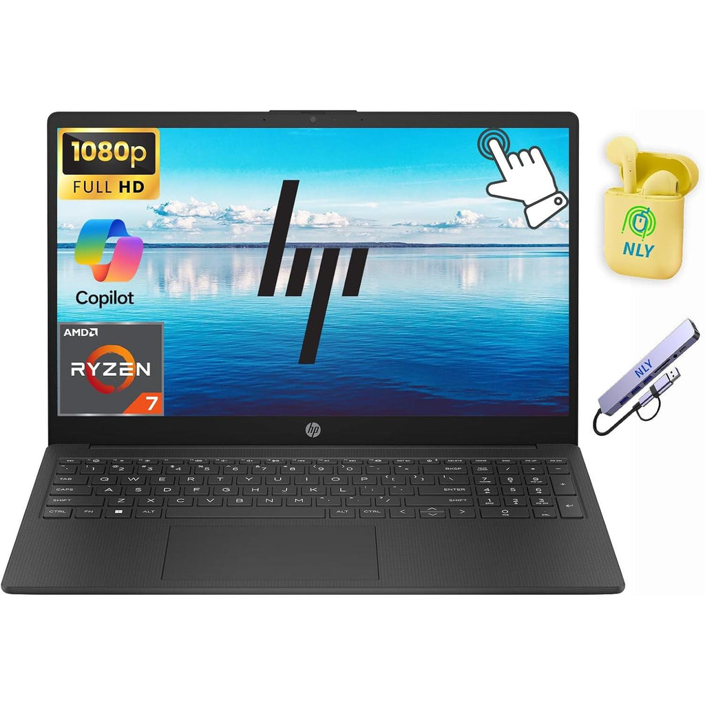 Touchscreen 15.6" FHD Business Laptop Computer, Windows 11 Laptop 8GB RAM 512GB Storage (256GB SSD+256GB External), 8-Core AMD Ryzen 7 Processor, AI Copilot, Numeric Keypad, NLY Earphones, Black