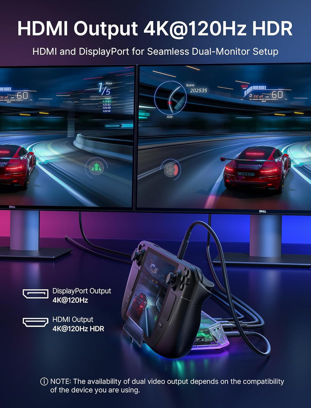 RGB Docking Station for Steam Deck (OLED)/ROG Ally/Legion Go, 12-In-1 Handheld Dock with 4K@120Hz HDMI & Displayport Gigabit Ethernet USB C 3.2 USB a 3.2/2.0, SD/TF Slots 3.5Mm Jack-Hb1201S