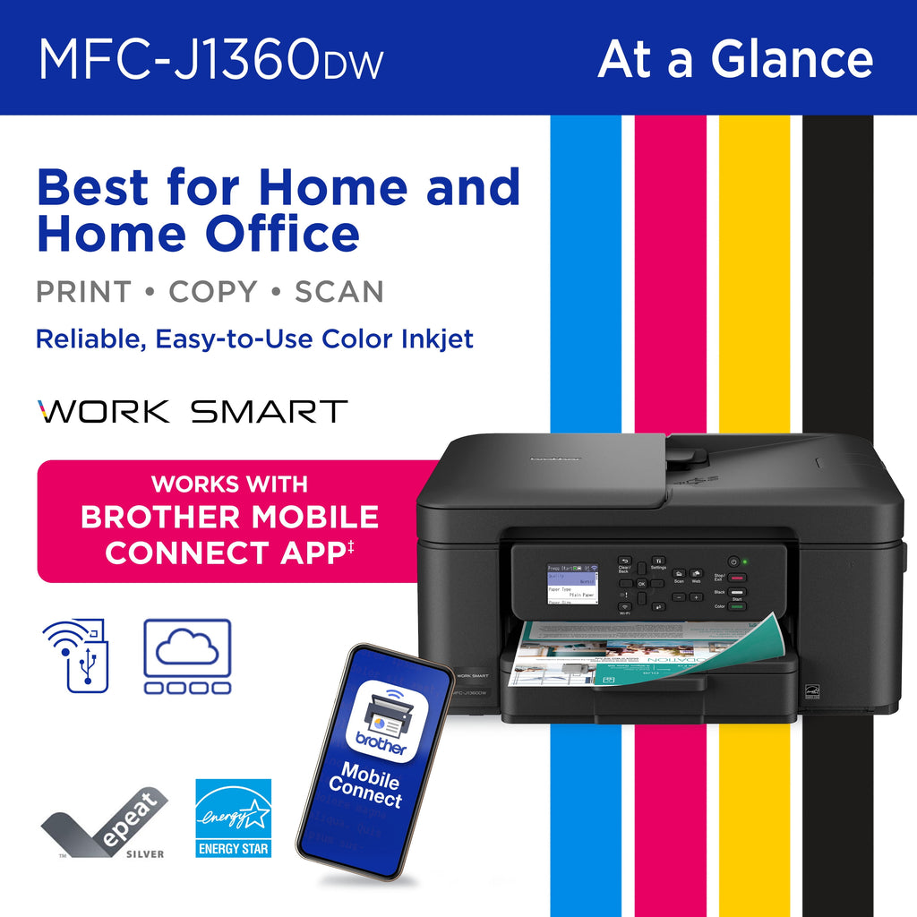 MFC-J1360DW Work Smart Wireless All-In-One Color Printer – Prints on Both Sides, Copies and Scans Multiple Pages, Easy-To-Use Color Display