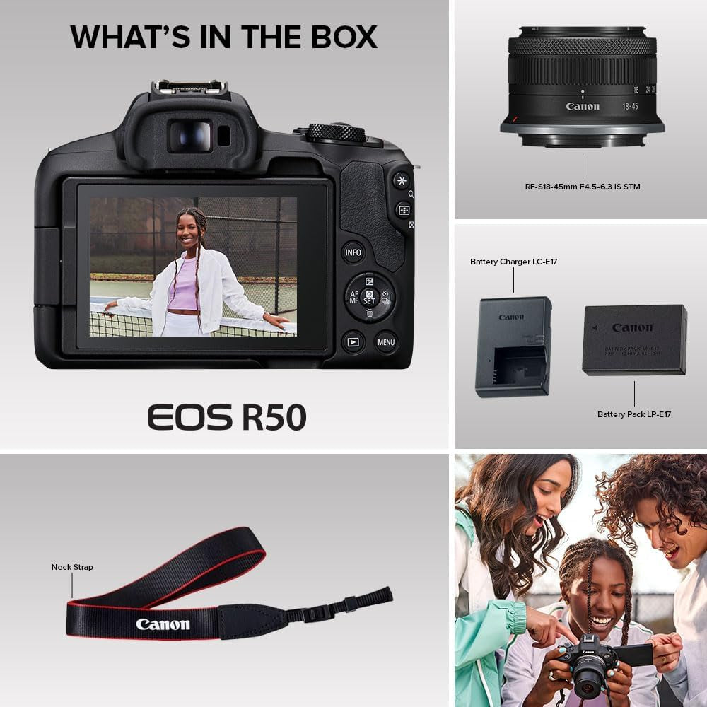 Canon EOS R50 Mirrorless Camera Rf-S18-45Mm F4.5-6.3 Is STM Lens Kit, 24.2 Megapixel CMOS (APS-C) Sensor, 4K Video, Vlogging, Content Creation, Photography, Digital Camera, Black