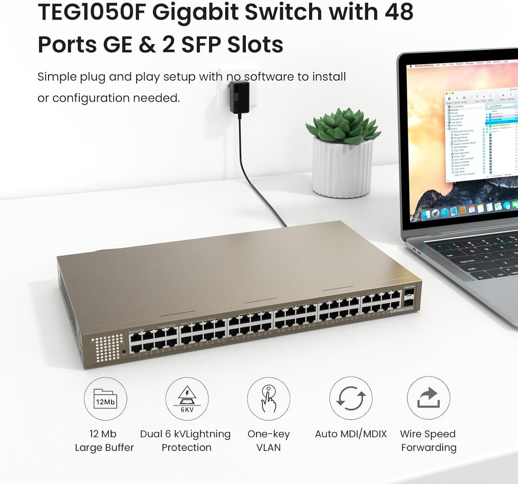 48 Port Gigabit Ethernet Switch | Unmanaged Rackmount Switch | 48*10/100/1000Mbps Shielded Ports & 2*SFP Slots | Plug & Play | One-Key VLAN | Sturdy Metal | Fanless Quiet for Business (TEG1050F)