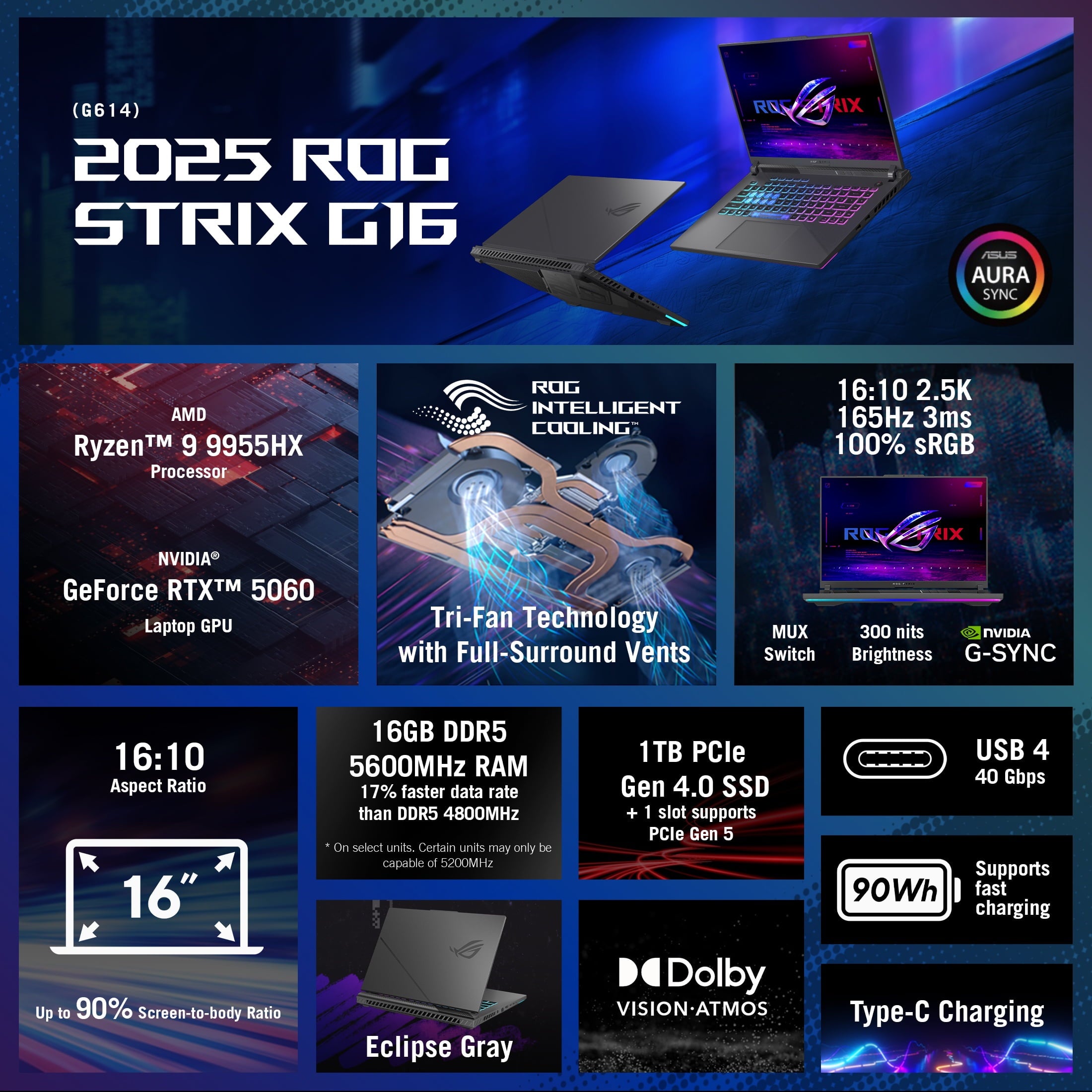 Unleash Gaming Power with the ROG Strix G16 (2025) – 16" WUXGA 165Hz Display, AMD Ryzen 9 9955HX, NVIDIA GeForce RTX 5060, 16GB RAM, 1TB SSD in Eclipse Gray