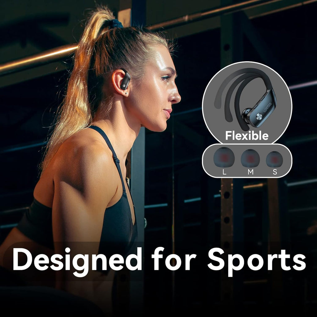 Ear Buds Wireless Earbuds Bluetooth Headphones with 80H Playtime LED Display Case, Over-Ear Hook with Mic, Stereo Sound, Easy Button Controls, Sports Earphones for Running Workout Gym Black