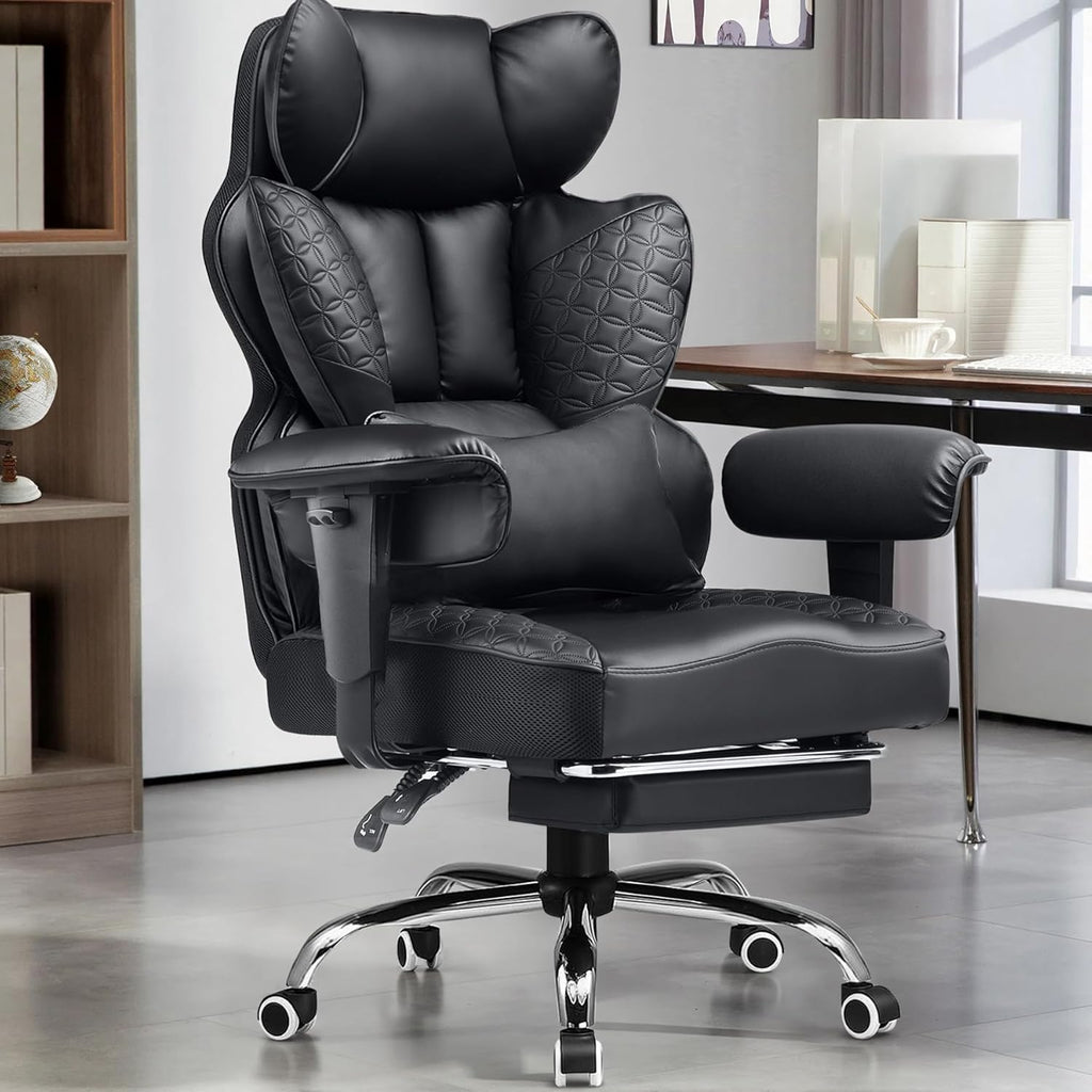Big and Tall Gaming Chair 400Lbs Heavy Duty Office Chair with Foot Rest & Ergonomic Pocket Spring Lumbar Support, High Back 3D Saddle Shaped Cushion for Back Pain Relief, Matte-Black