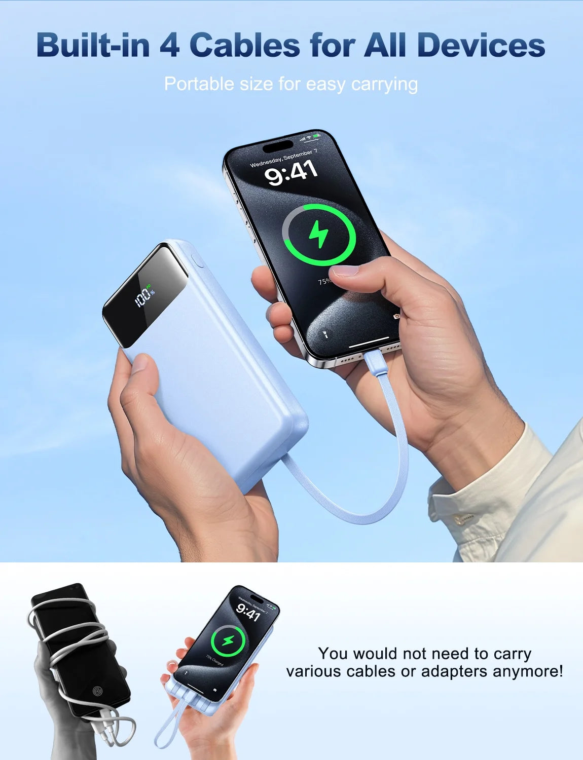 Portable Charger Power Bank 50000Mah Battery Pack, 22.5W Fast Charging Powerbank with Built in Cables,Travel Essential USB-C Portable Phone Charger, Compatible for Iphone Samsung Pixel Android Ipad