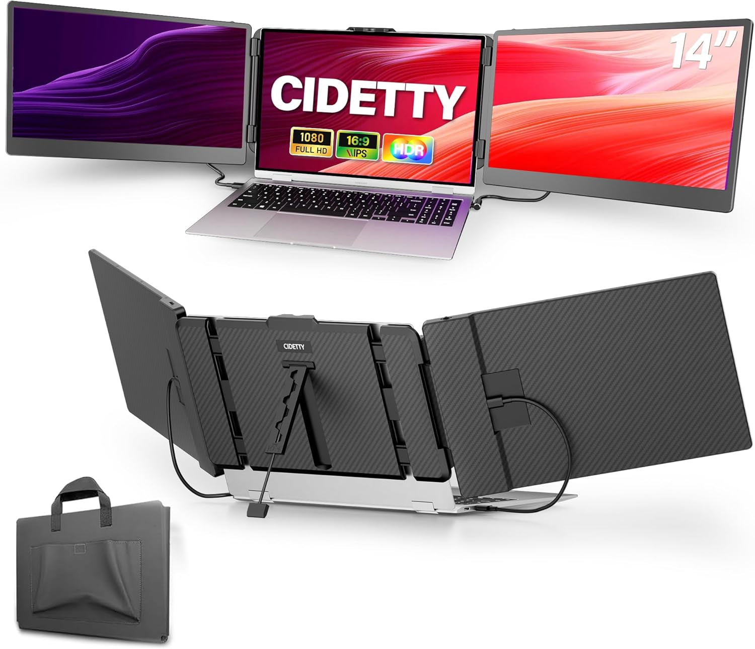 Laptop Screen Extender, 14'' FHD 1080P IPS Ultra-Thin Dual/Triple Monitor Display, HDMI/USB-C Plug-Play Portable Monitor for Laptop, Built-In Speakers(Mac, Win, Android)