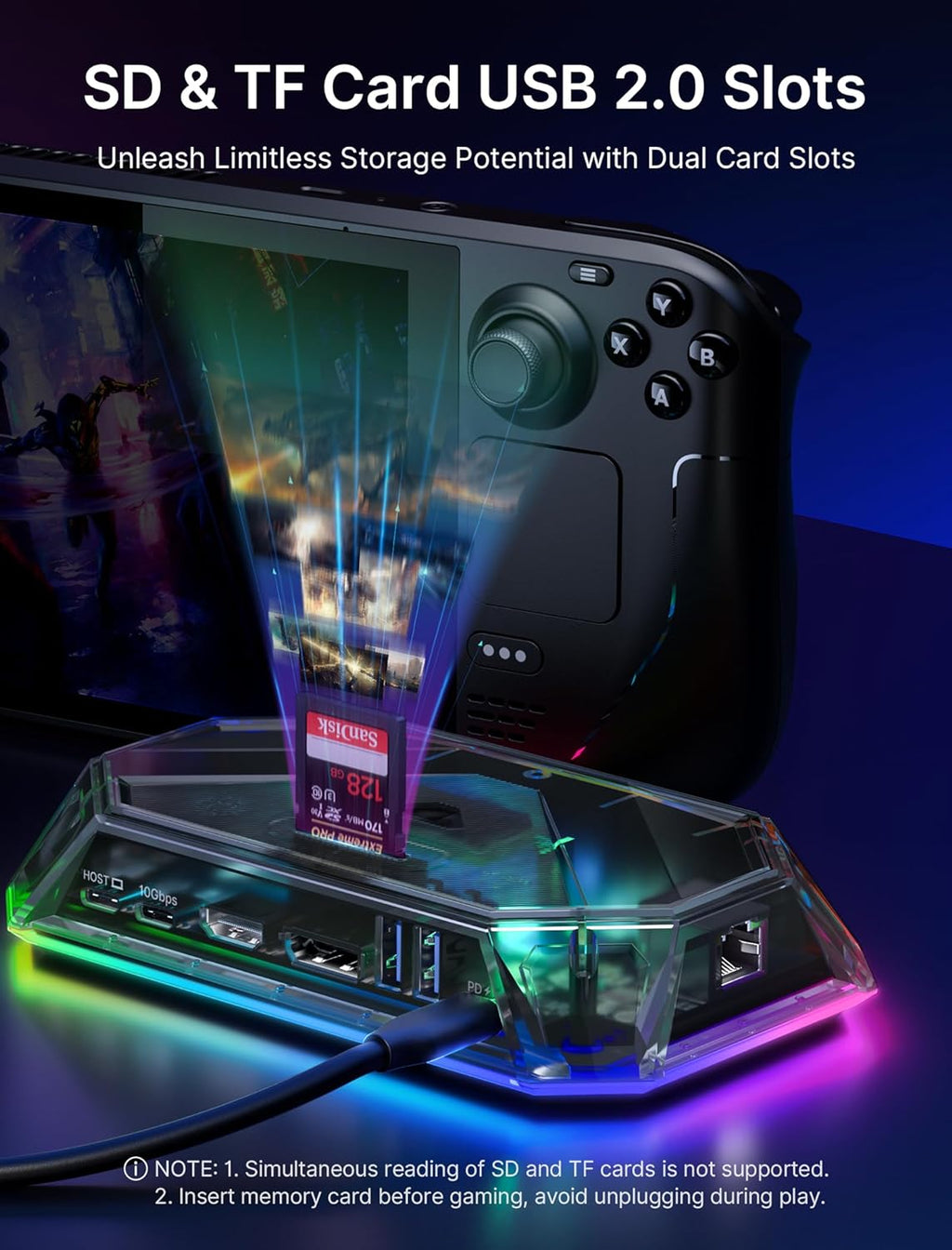 RGB Docking Station for Steam Deck (OLED)/ROG Ally/Legion Go, 12-In-1 Handheld Dock with 4K@120Hz HDMI & Displayport Gigabit Ethernet USB C 3.2 USB a 3.2/2.0, SD/TF Slots 3.5Mm Jack-Hb1201S