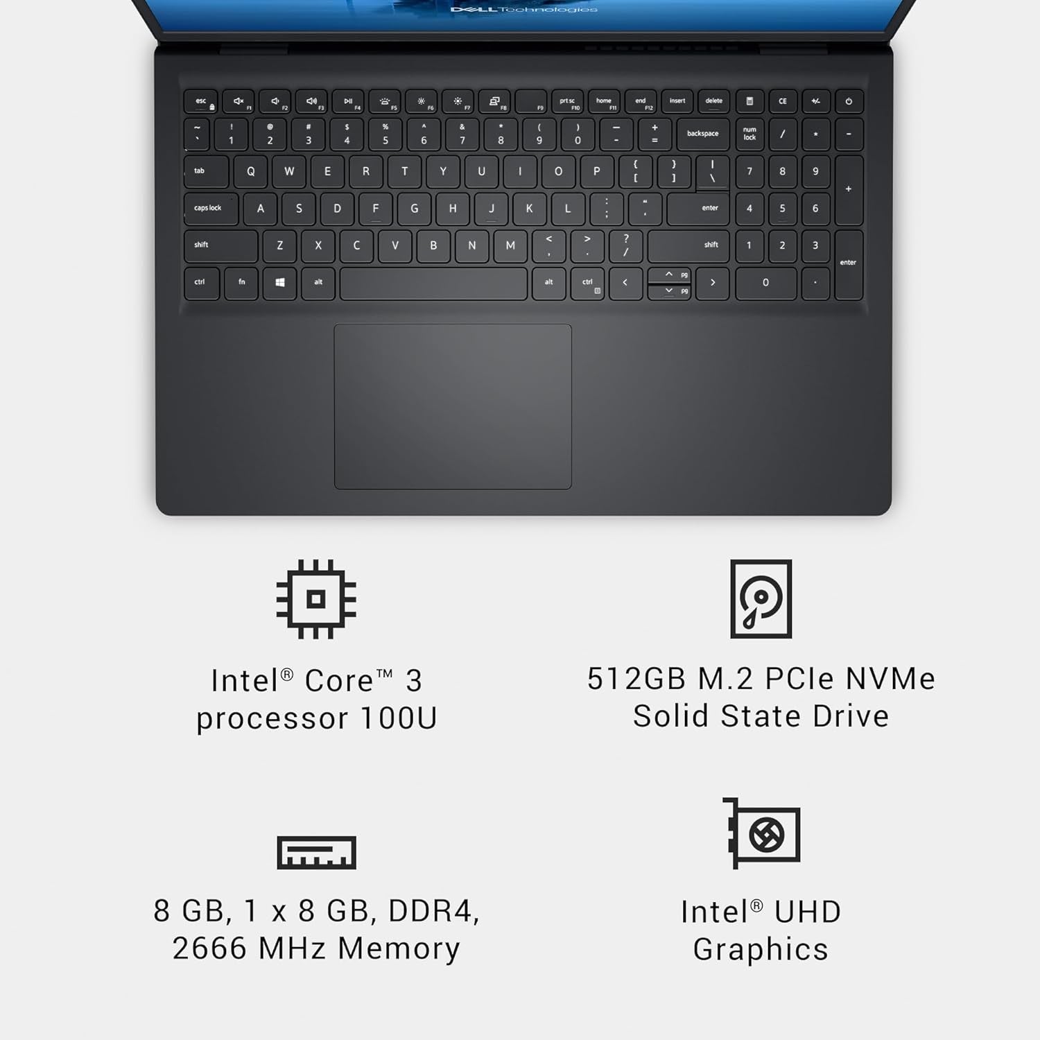 15 Laptop Dc15250-15.6-Inch FHD 120Hz Display, Intel Core 3 Processor 100U, 8GB DDR4 RAM, 512GB SSD, Intel UHD Graphics, Windows 11 Home, Onsite Service - Carbon Black