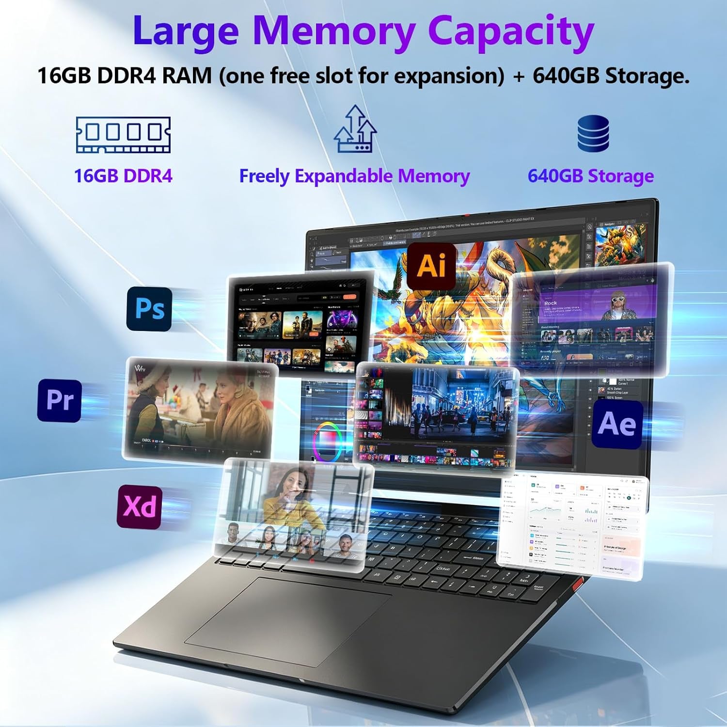 17.6" FHD Laptop, Convertible Laptop with Quad-Core(Up to 2.9Ghz), 16GB RAM 640GB Storage, Backlit Keyboard, Fingerprint Reader, Wifi 6, BT5.2, 100% Srgb, USB-C (Charging, Data, Display)