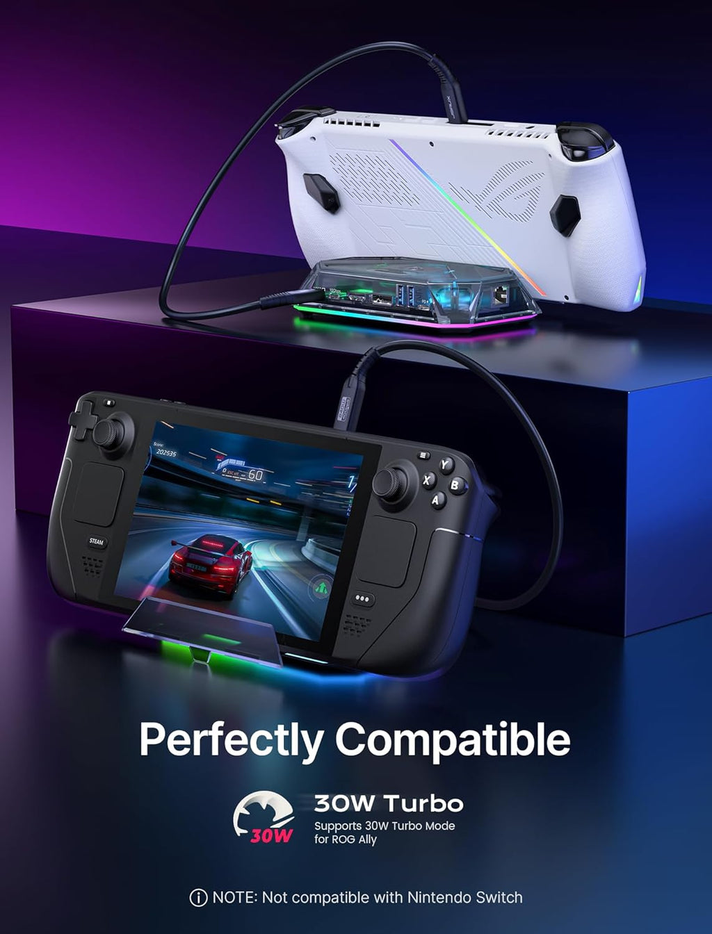 RGB Docking Station for Steam Deck (OLED)/ROG Ally/Legion Go, 12-In-1 Handheld Dock with 4K@120Hz HDMI & Displayport Gigabit Ethernet USB C 3.2 USB a 3.2/2.0, SD/TF Slots 3.5Mm Jack-Hb1201S